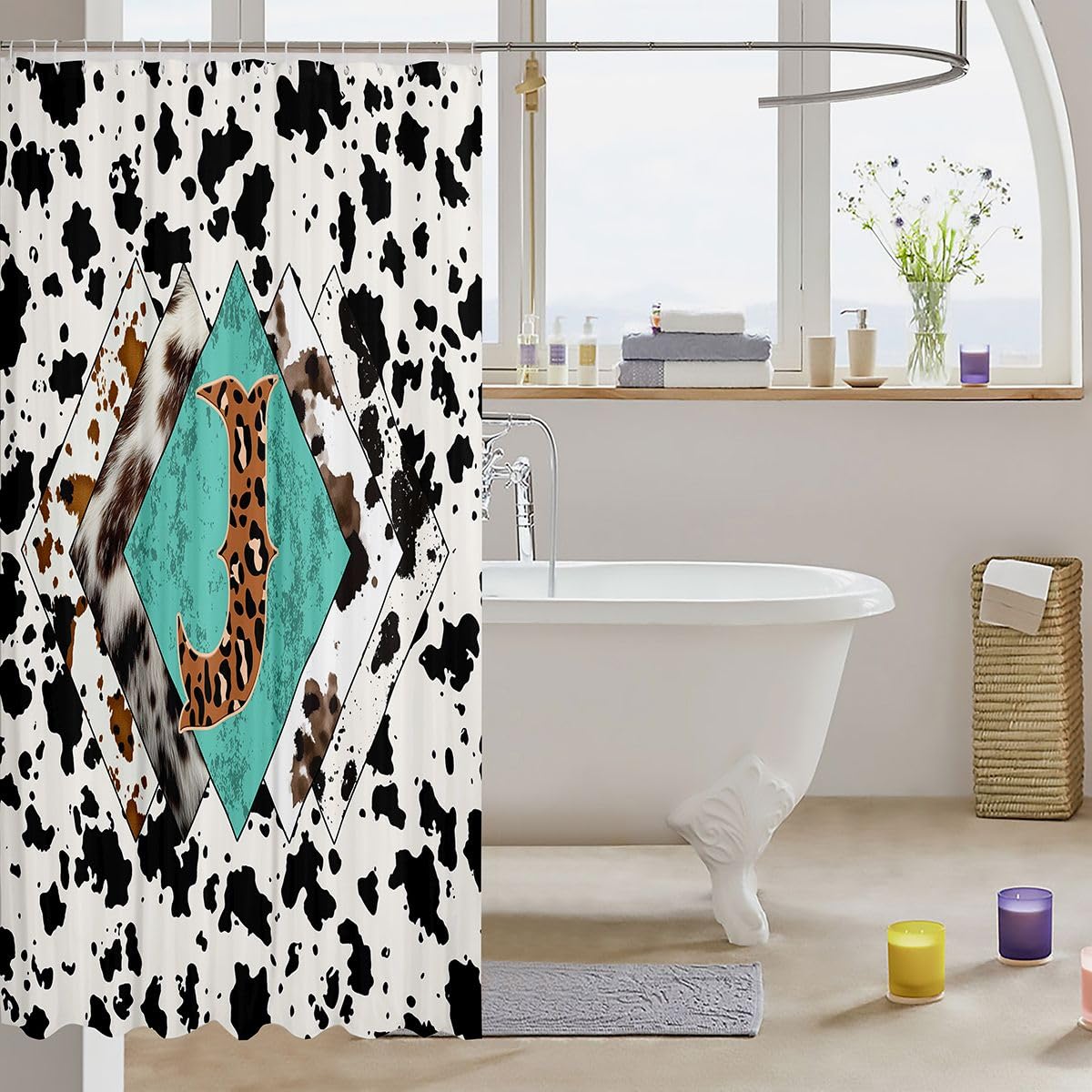Rideau de douche lettre J taille L léopard monogramme alphabet imprimé cuir de vache rideau de bain pour adultes design rustique rétro rideaux de bain imperméables avec 12 crochets pour baignoire