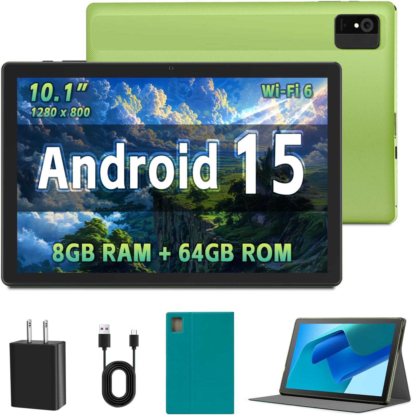 Android Tablet 10 Inch, Android 15 Tablet with 8(4+4) GB RAM 64GB Storage, Expandable to 1TB, WiFi 6, Bluetooth 4.2, Octa-Core, 2025 Android Tablet for Work and Entertainment – Green