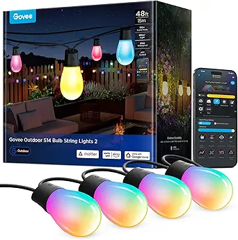 Govee S14 Bulb Outdoor String Lights - 48ft Smart RGBIC Patio Lights with 15 LED Bulbs, 111 Scene Modes, IP66 Waterproof, Alexa & Google Compatible