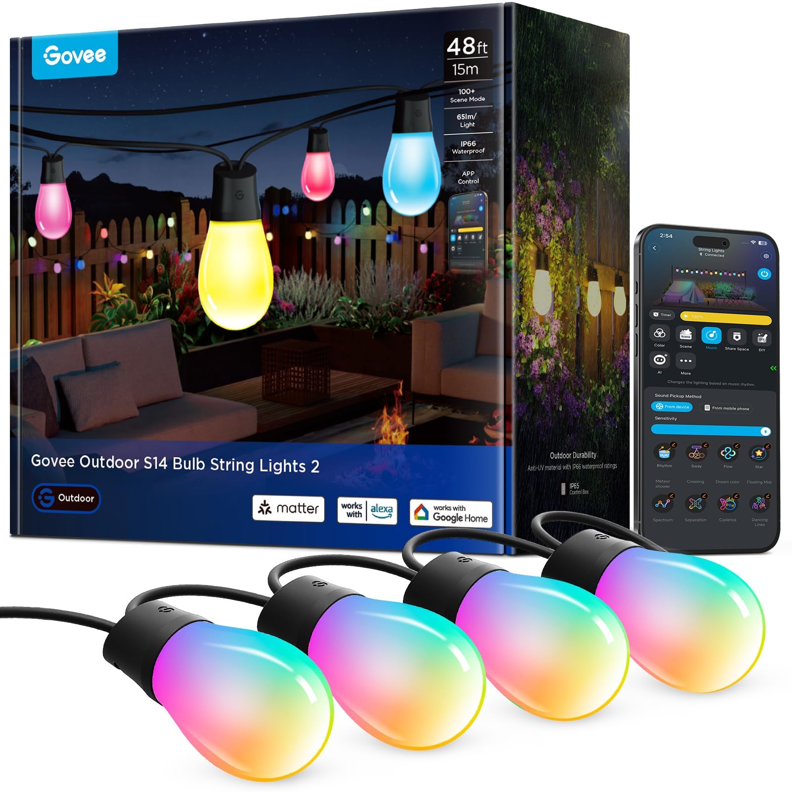 Govee S14 Bulb Outdoor String Lights 2, 48ft Smart RGBIC Warm White Patio Lights with 15 LED Bulbs, 111 Scene Modes for Outdoor Decor, Upgraded IP66 Compatible with Alexa, Google, Matter, APP Control