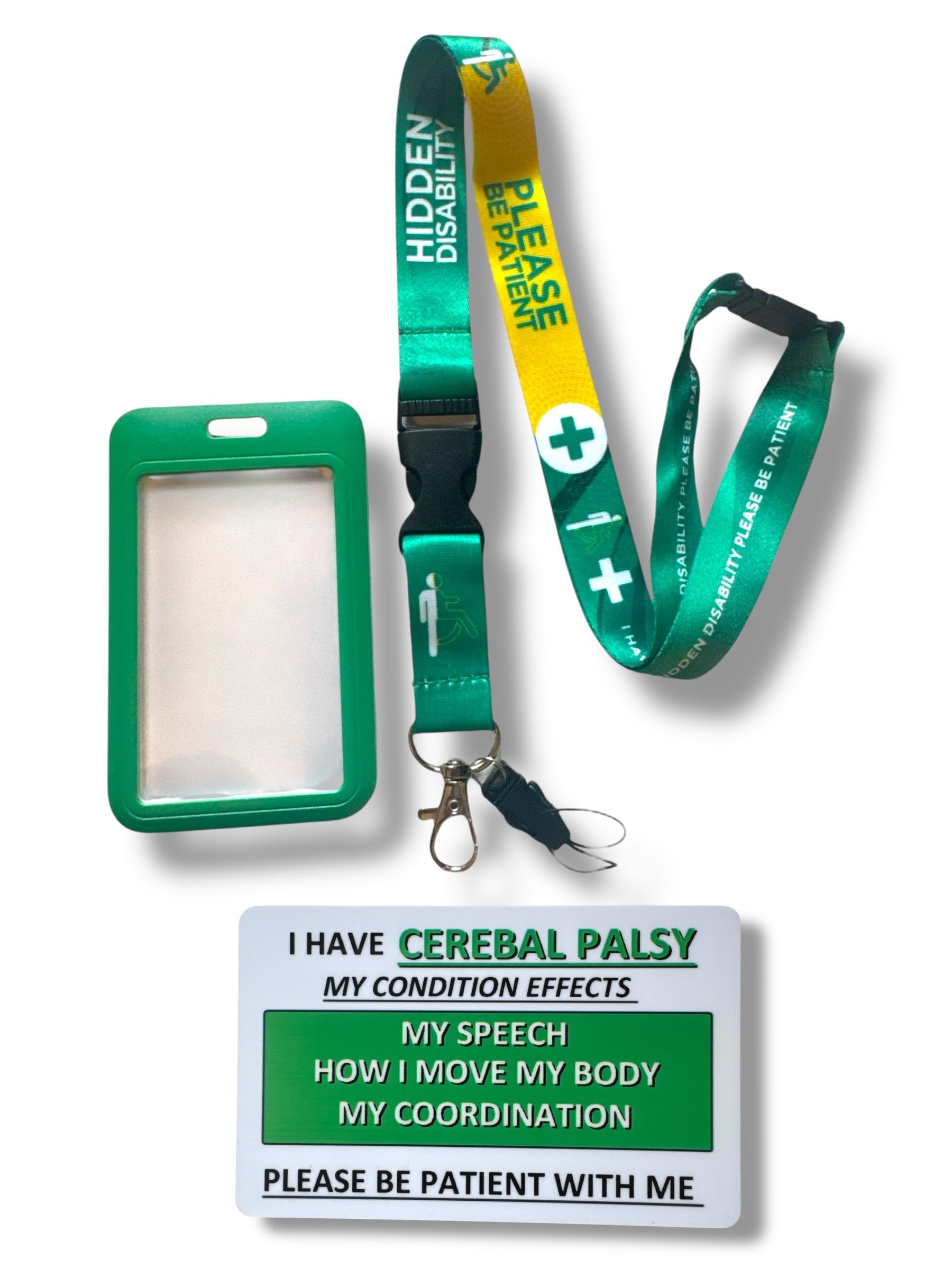 Hidden Disability Lanyard with Enclosed Hidden Disability Card Holder & Disability Awareness Card (Cerebral Palsy, Green Wheelchair Logo)