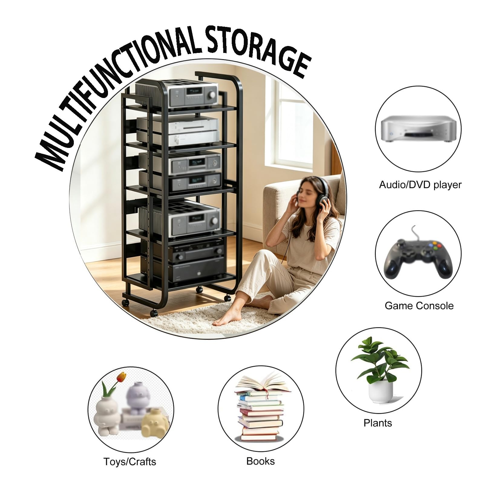 Generico Supporto HiFi Metallico A 5 Ripiani Con Ruote,rack Aperto Per Apparecchi AV, Carrello Mobile Nero Per Amplificatori, Lettori CD E Decoder Audio Per Home Theatre Domestico