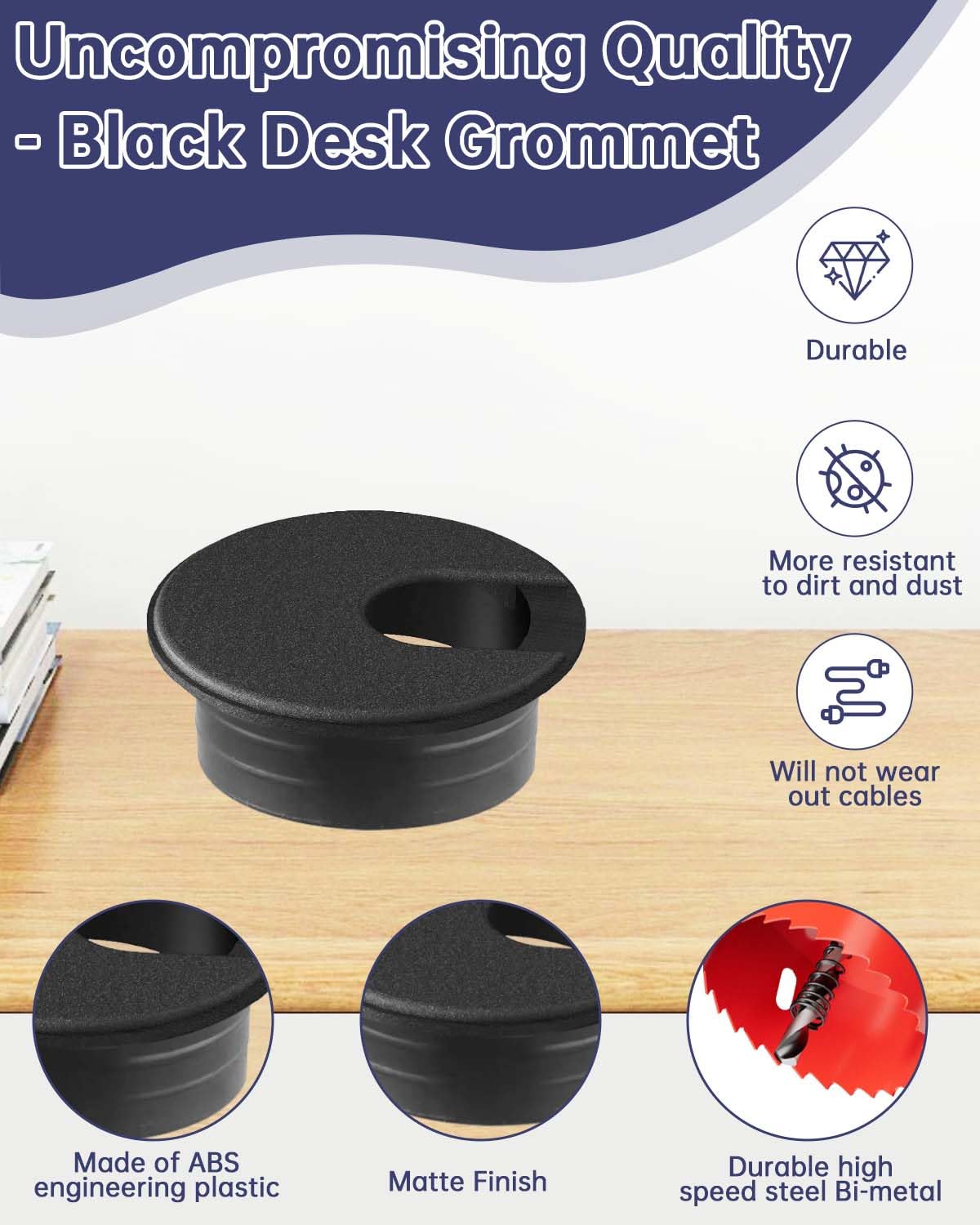 Desk Grommet 35mm, 10 Pack Black Cable Grommet & Desk Hole Cover with Hole Saw for Cables Cord Management for Office TV - Image 3