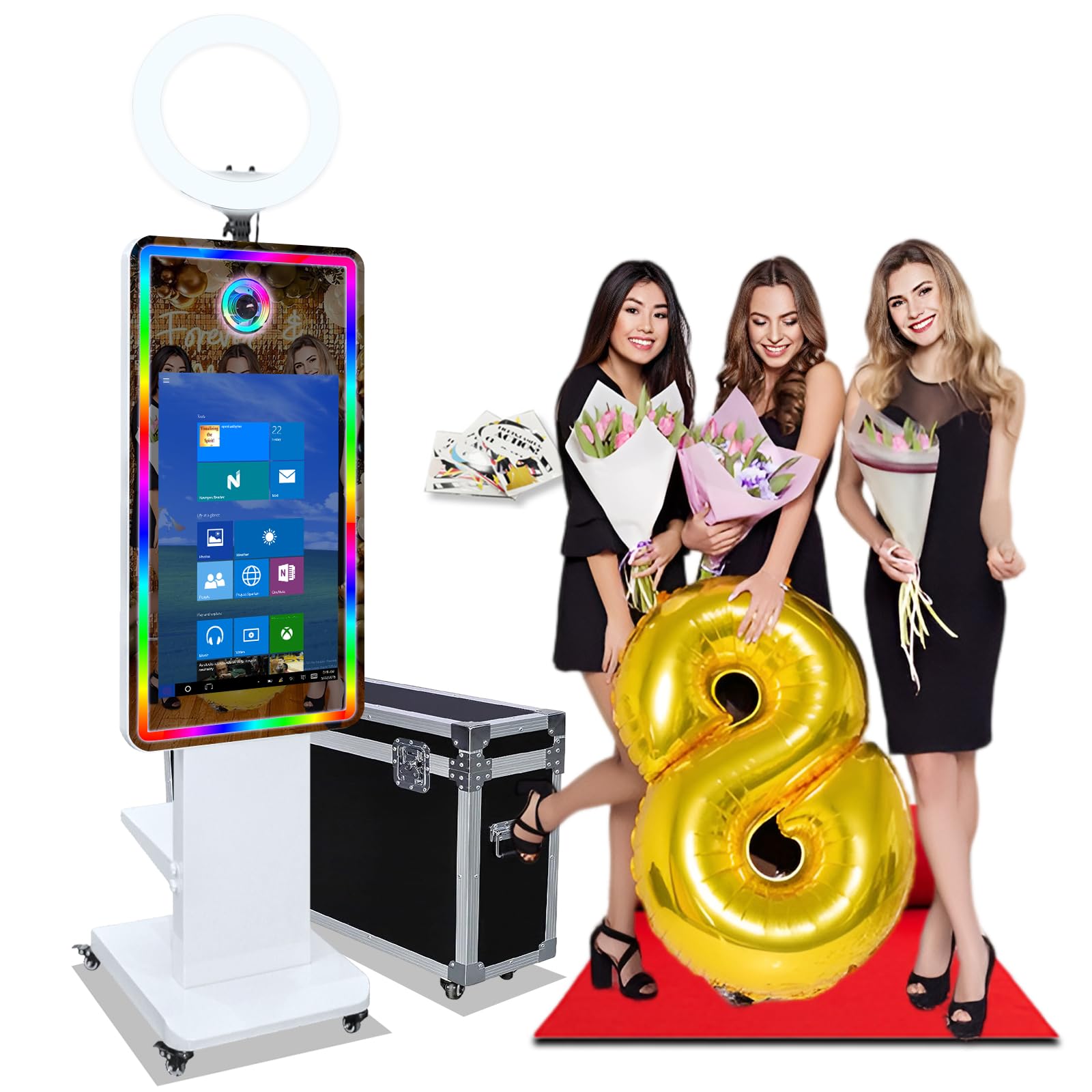 Máquina de cabina de fotos con espejo con visualización táctil interactiva de 32 pulgadas y funda de vuelo, mini computadora incorporada, espejo mágico de impresión instantánea para cumpleaños