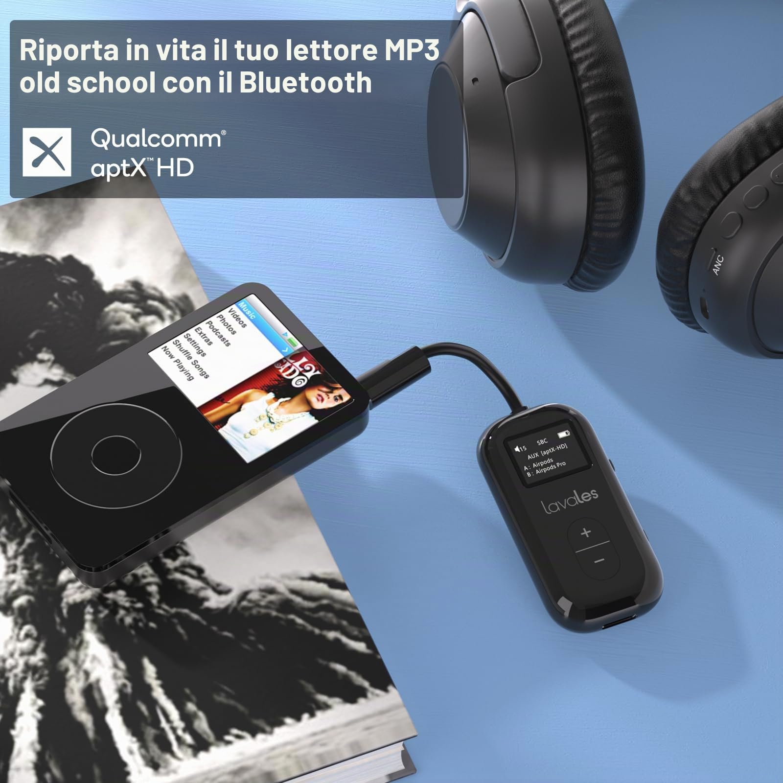 Trasmettitore Bluetooth 5.3 per Airpods/cuffie, adattatore aptX Low Latency/Adaptive, 25 ore di riproduzione, splitter audio AUX 3,5 mm