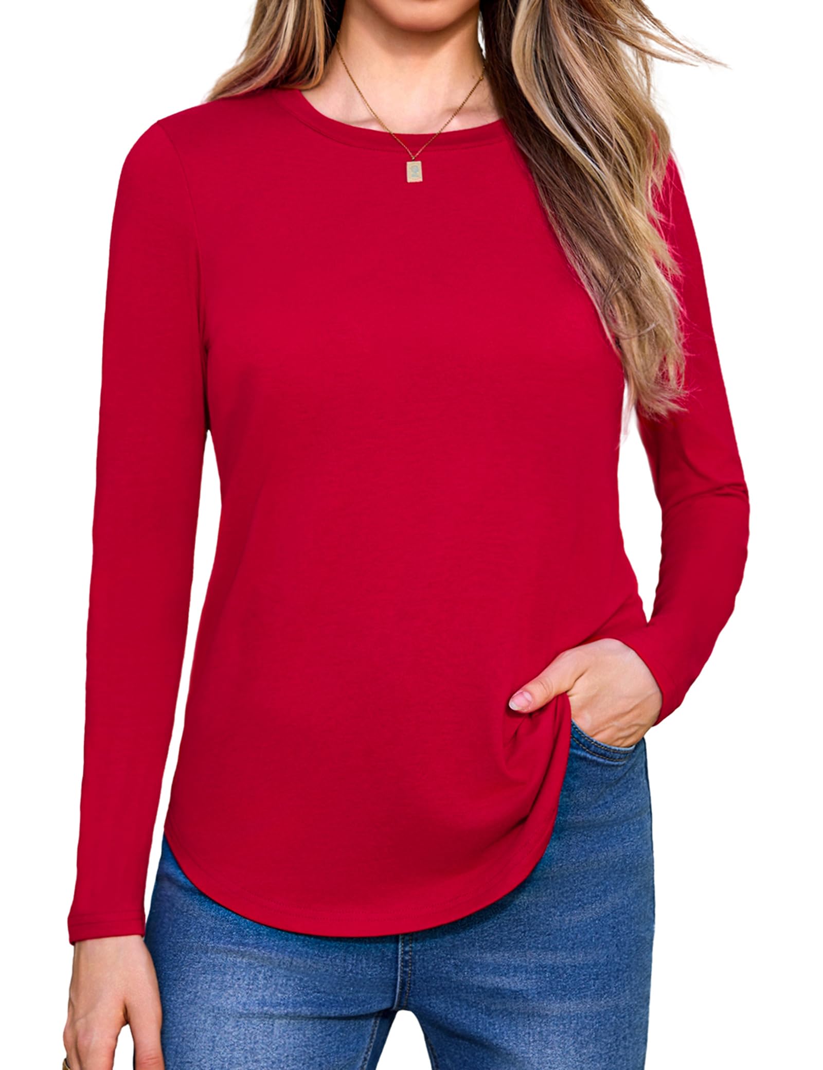 Aottori Langarmshirt Damen Rundhals Oberteile Langarm Shirt Elegant Lose Baumwolle Longshirt T-Shirt Pullover Einfarbig Basic Top Frühling Herbst