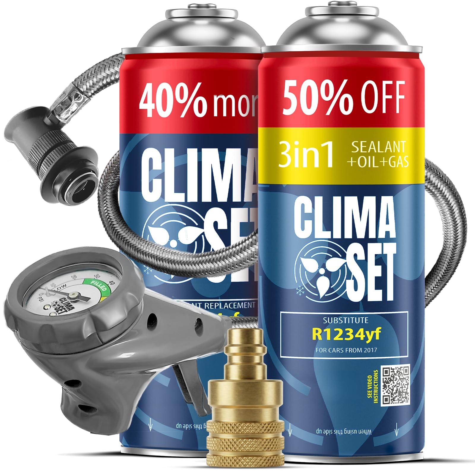 CLIMASET - Kit di ricarica per climatizzatore auto - Gas e olio R1234yf + R1234yf 3 in 1 + tubo flessibile + adattatore YF - Per veicoli fabbricati dopo il 2016, con un tubo flessibile moderno