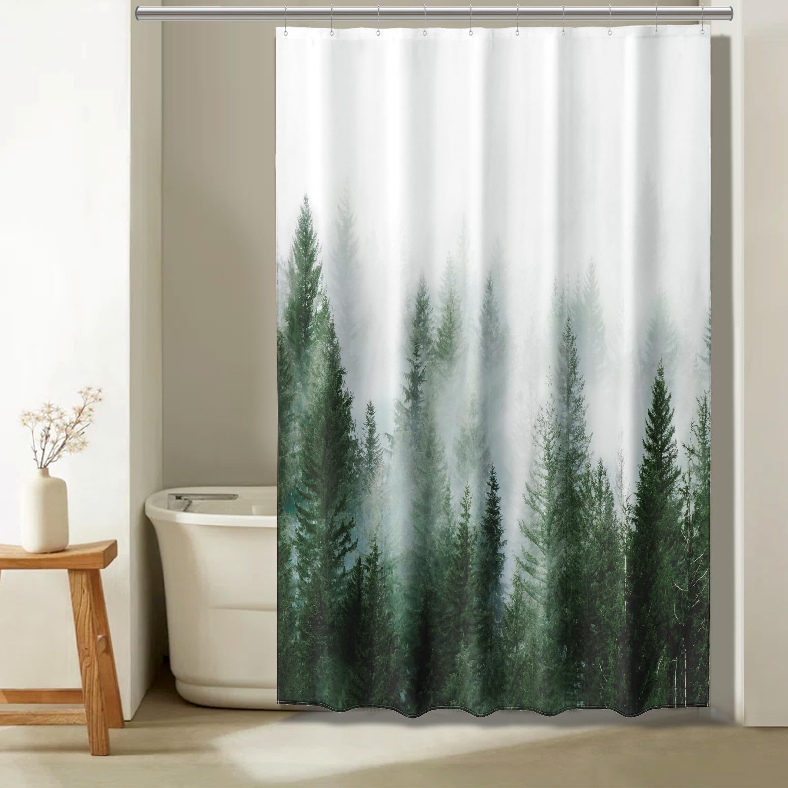 ORTIGIA 60x72 Misty Forest Stall Shower Curtain for Small Bathroom, Green Narrow Nature Woodland Shower Curtain Set with Hooks, Waterproof Fabric Pine