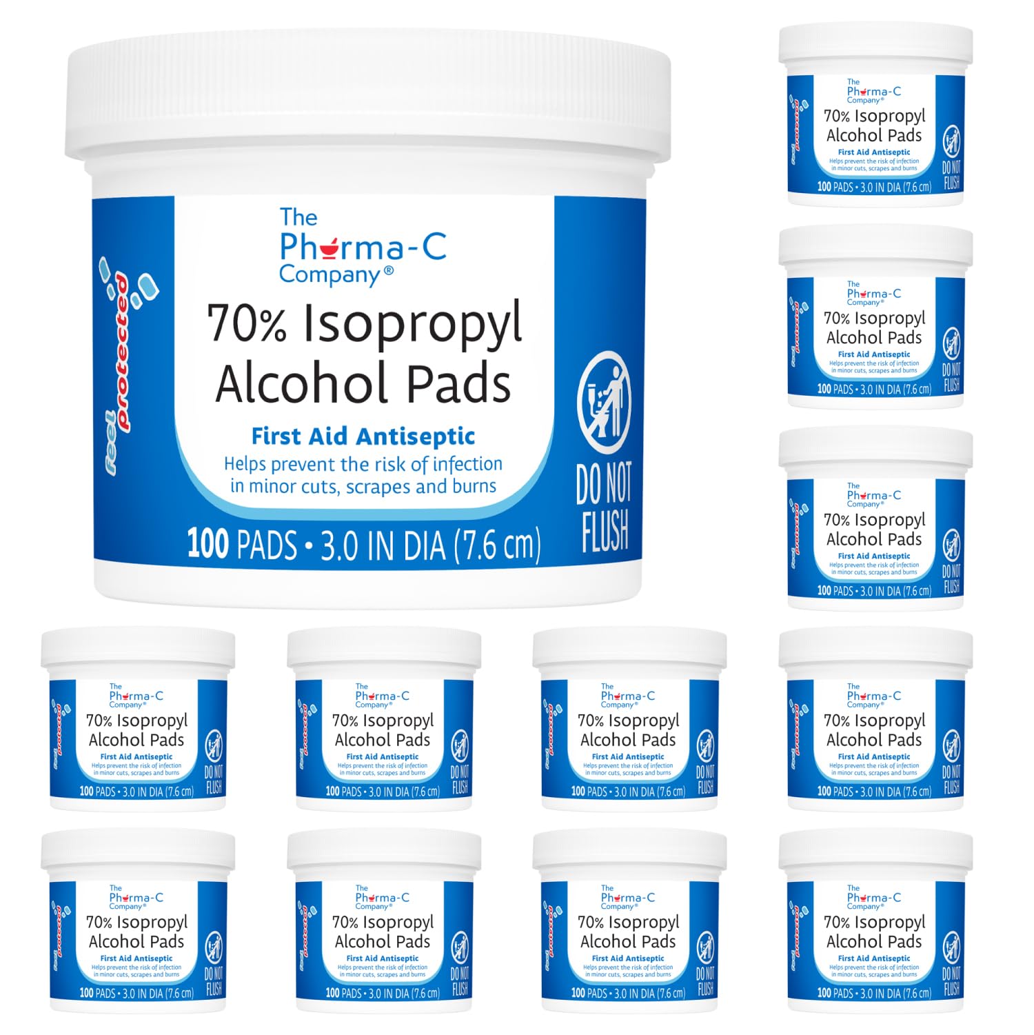 The Pharma-C Company - 70% Isopropyl Alcohol Pads [12-100ct jars]. First Aid - Bulk Antiseptic Wipes - Extra Large Pads - for minor cuts, scrapes and