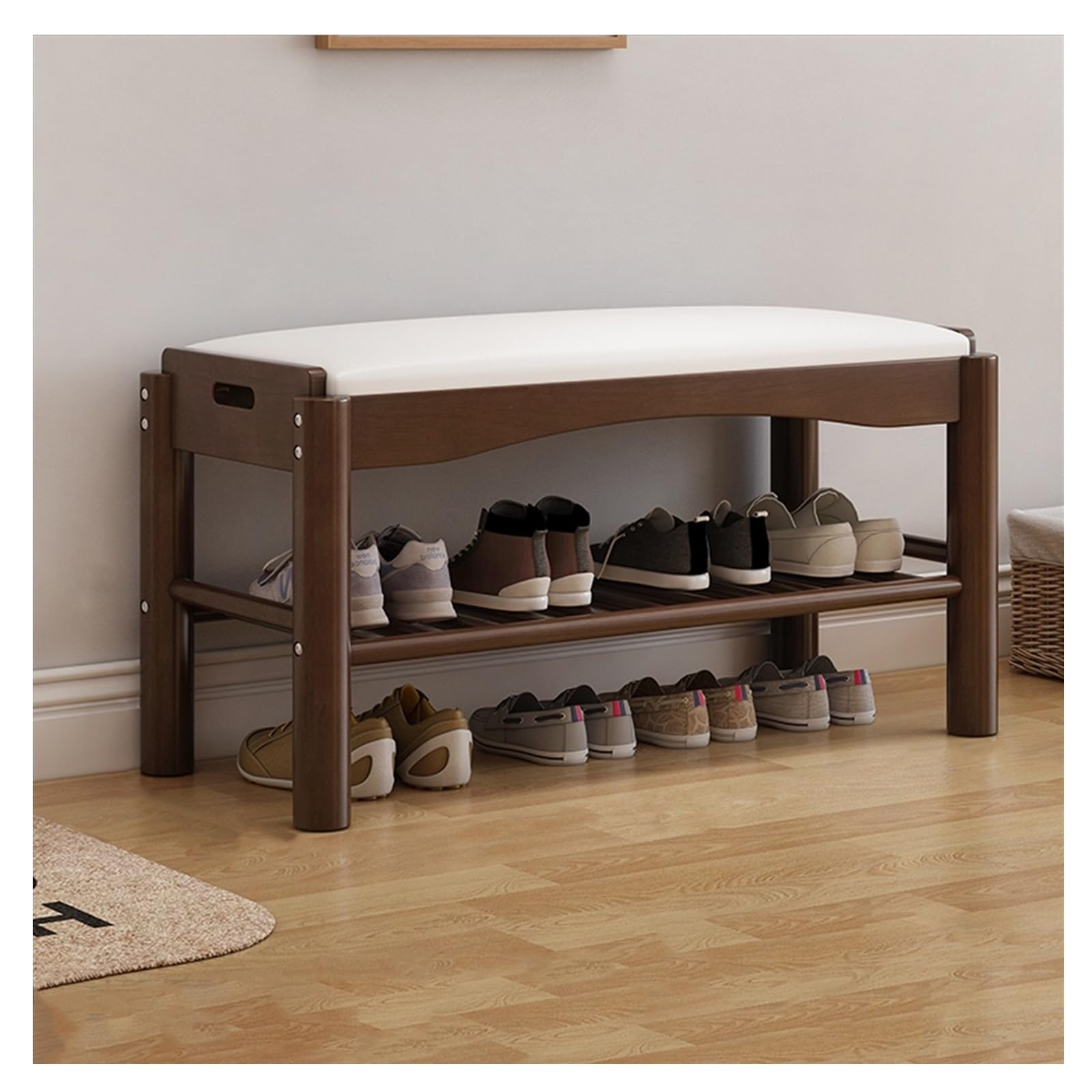 Banc de rangement en bois avec coussin rembourré pour chaussures d'entrée et couloir