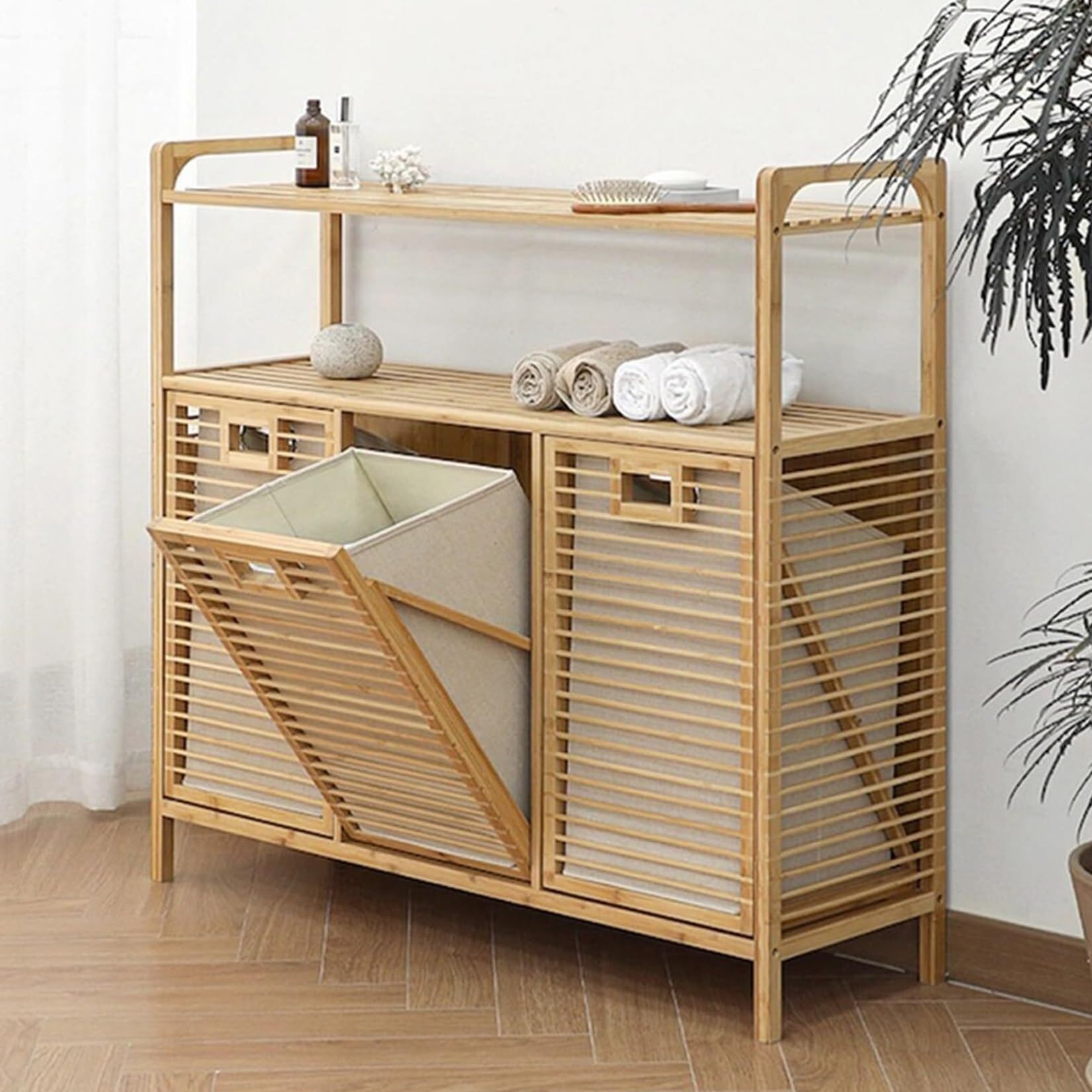 Mobile Portabiancheria Salvaspazio, Cesto Biancheria Sporca Bambù | Mobiletto Bagno Cesta Biancheria Con Ripiani, Contenitore Panni Sporchi Sacchi(2 storage shelves with Shelf)