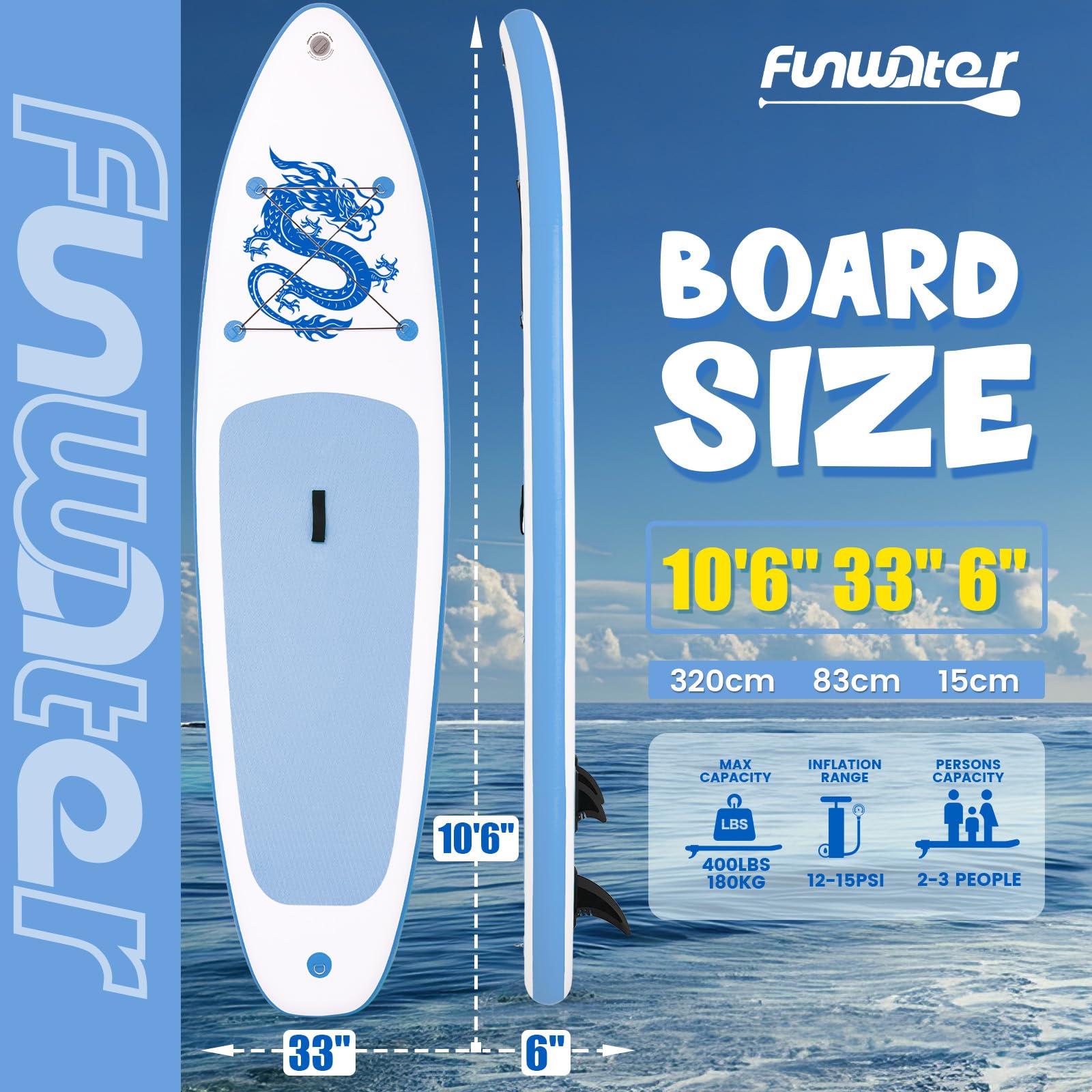 FunWater Aufblasbares Stand Up Padding Board, Ultra-Leicht SUP Board Zubehör: Verstellbares Paddel, Pumpe, Rucksack, Leash, Finnen – Für alle Könnerstufen