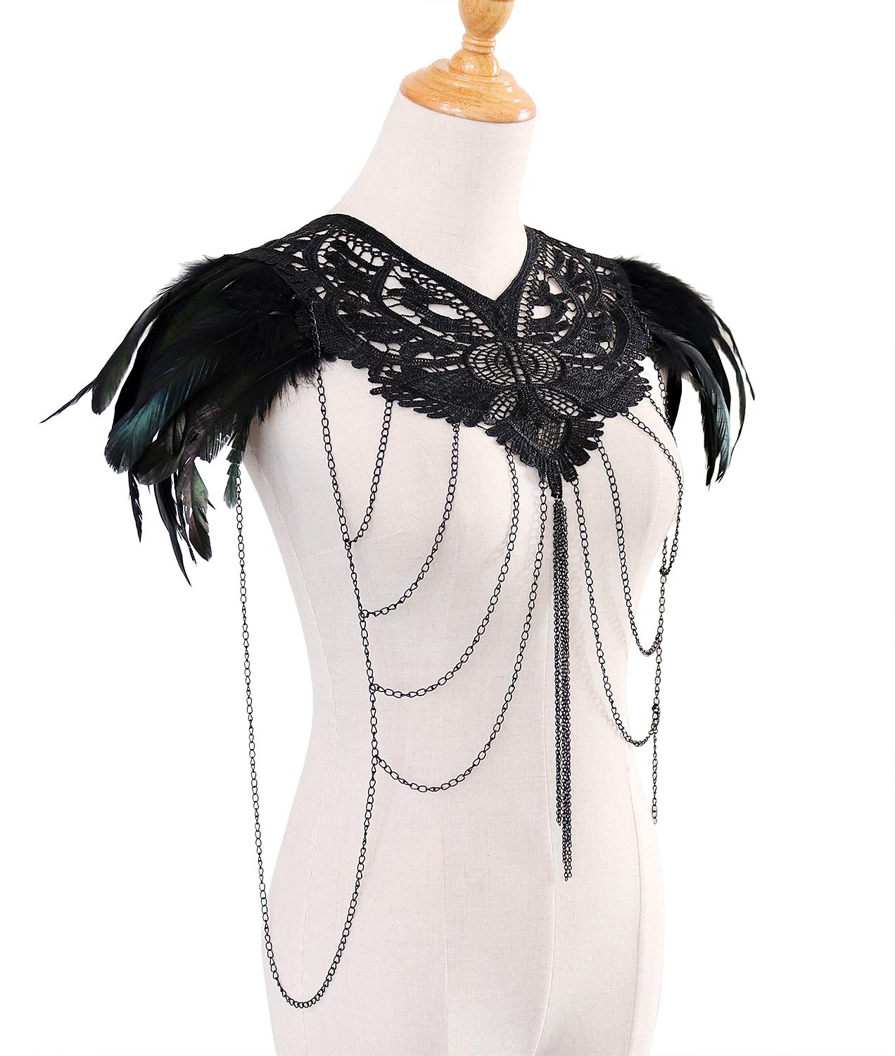 keland Gothic Black Feather Epaulette Cape Spitzenkörpergurt für Halloween-Party (Schwarz)