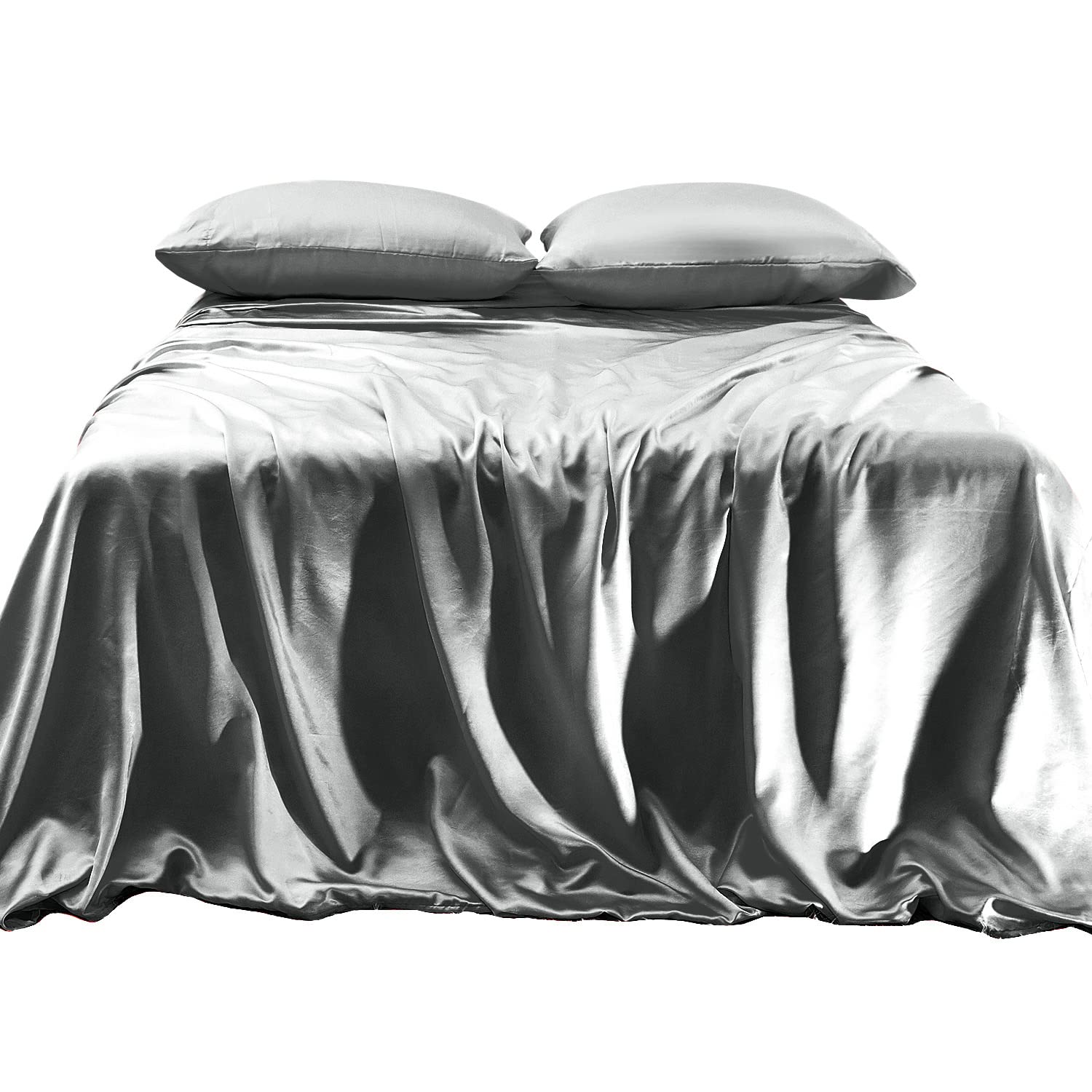 Elegant Comfort Luxurious 4-Piece Silky Satin Sheet Set, Skin and Hair Friendly, Wrinkle, Fade, Stain Resistant with Deep Pockets Fitted Sheet, Cooling Soft Satin Sheet Set, Queen, Gray