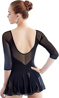 3/4 Sleeve Black Leotards for Women, Skirted Ballet Dress Adult Dance Attire - Buy now