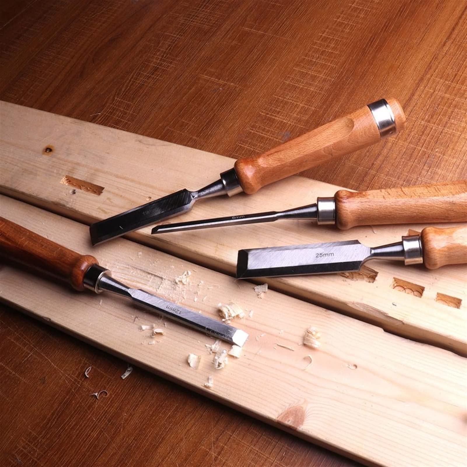 Set di 4 scalpelli per Intaglio del Legno, scalpello da 6/12/19/25 mm, Testa Piatta, Acciaio al Cromo vanadio, scalpelli per Lavorazione del Legno, coltelli per inta