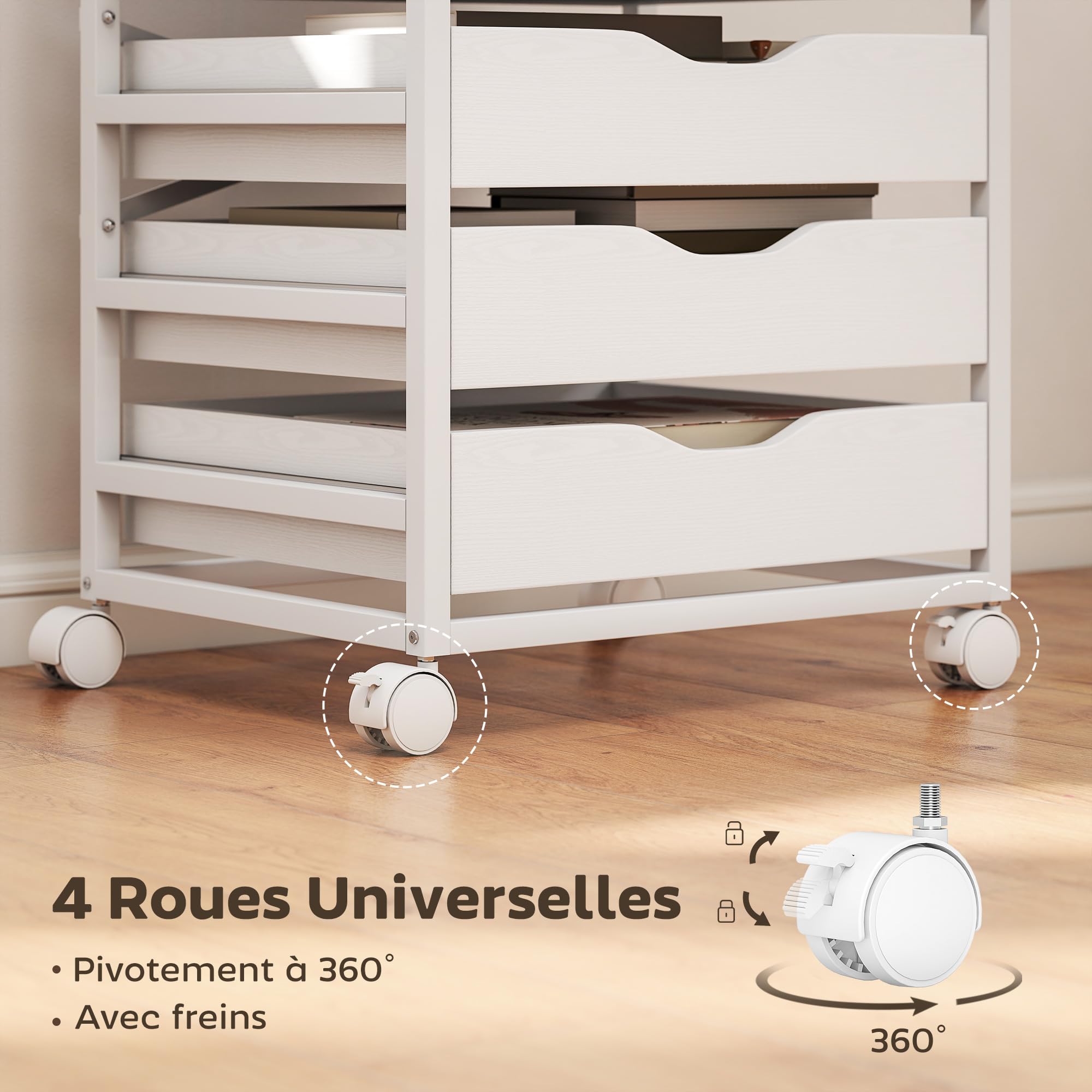 HOMCOM Caisson Bureau Mobile avec 5 Tiroirs Bois 50 x 40 x 74,5 cm Blanc