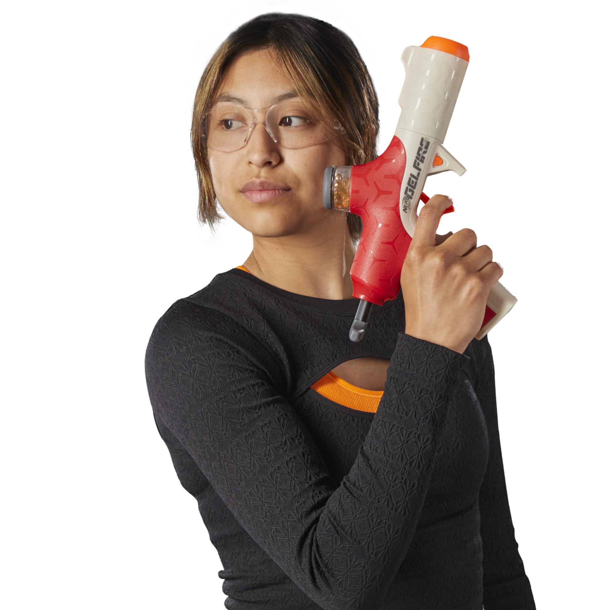 Nerf Pro Gelfire Twist Shot Blaster, 150 FPS, 5.000 cartucce Gelfire, alimentazione T-Pull, caricatore integrato da 80 cartucce, occhiali protettivi per età superiore ai 14 anni