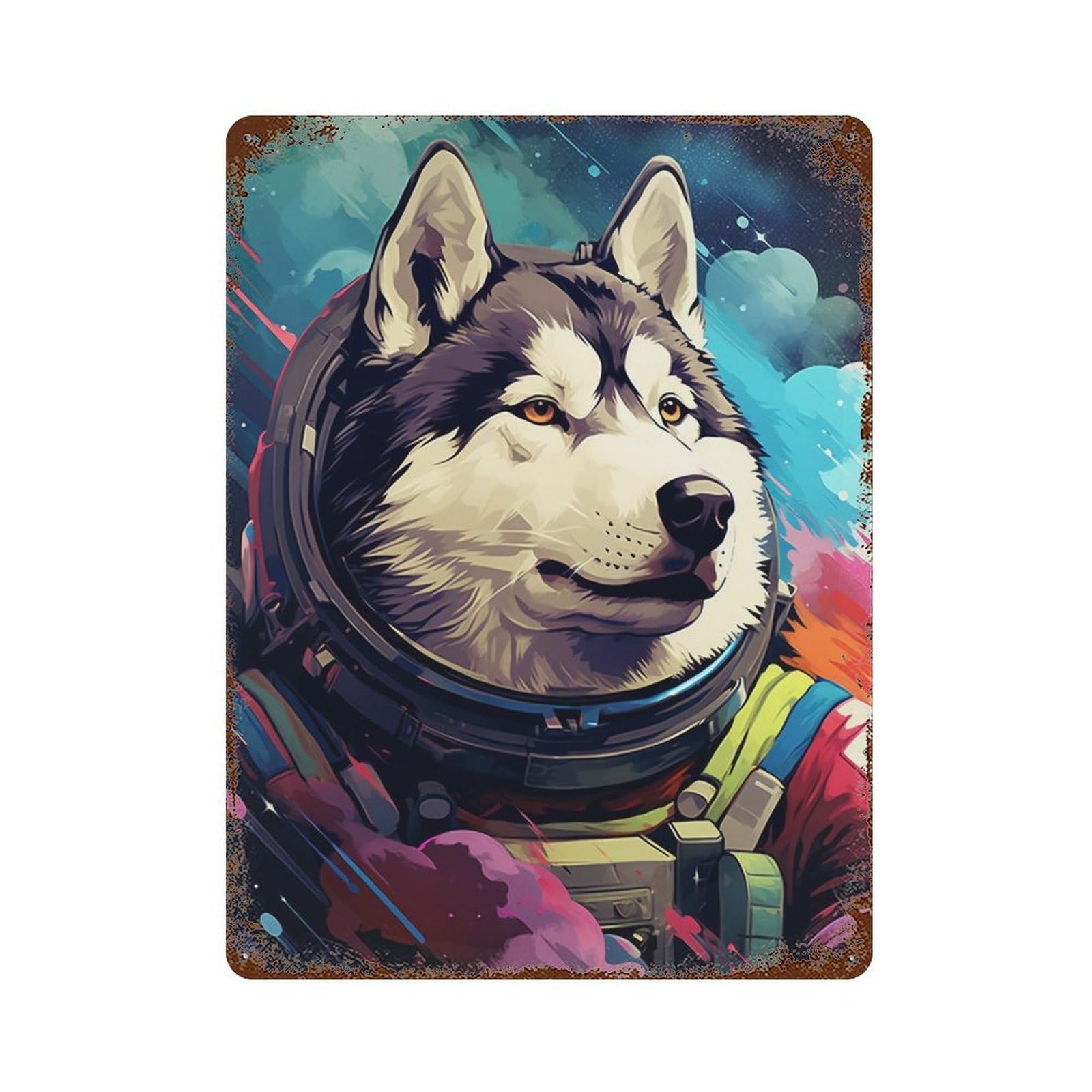Space Dog Explorer-136 Rust Effect Tin Sign 15.7"x11.8", Farmhouse Wall Decor for Living Room, Hallway And Home Decor