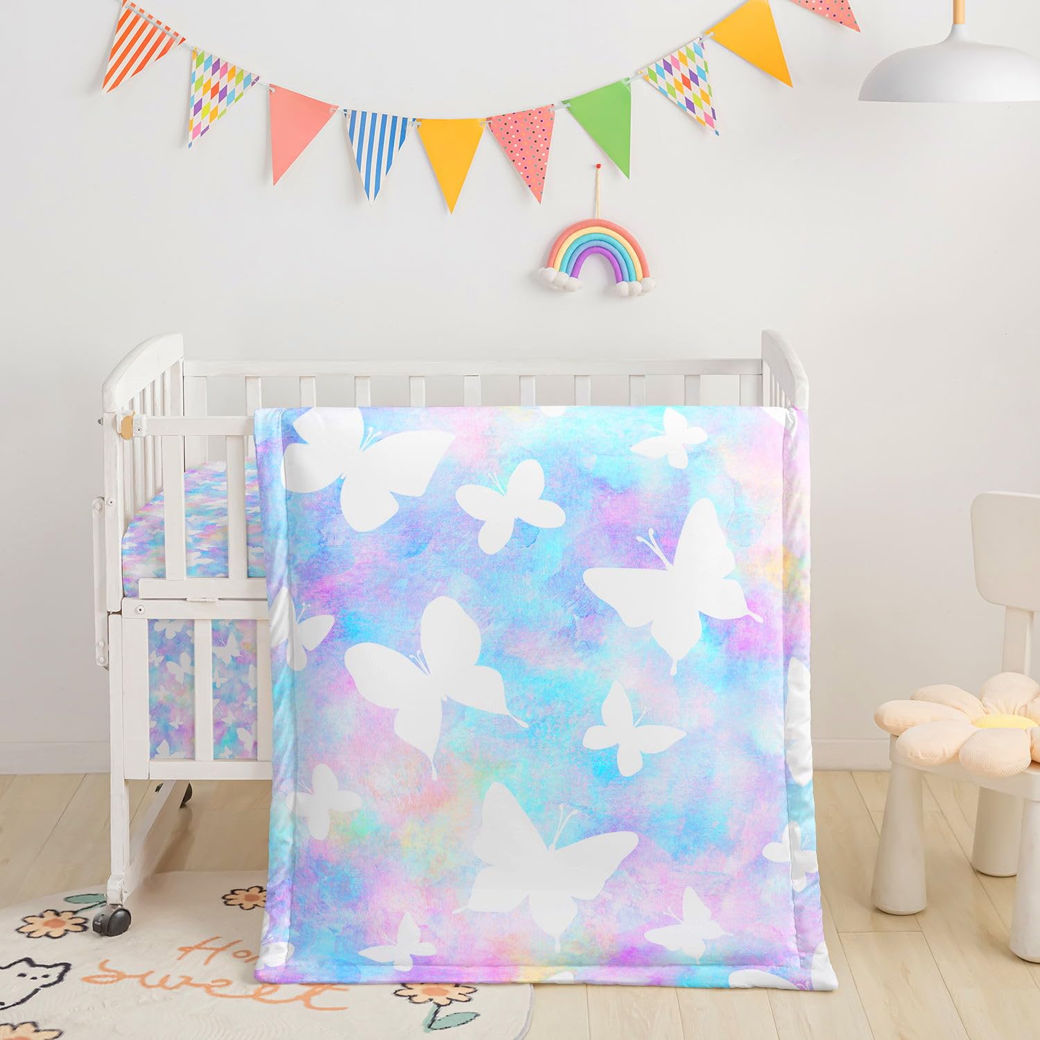 3-Piece Nursery Crib Bedding Set - White Butterfly Printed Comforter, Sheet &amp; Skirt for Baby Boys and Girls