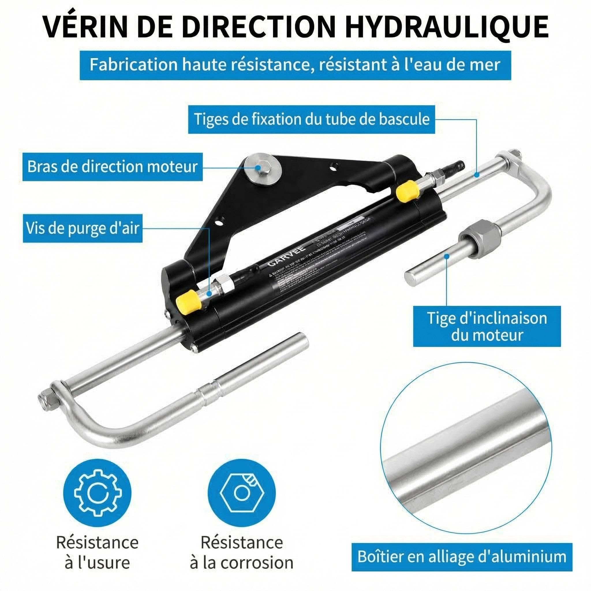 Garvee Kit de direction hydraulique supérieur pour bateau – 150CV, système bidirectionnel, volant inclus 13,5 Pouces, tuyaux nylon 2x26 Pied, aluminium marin
