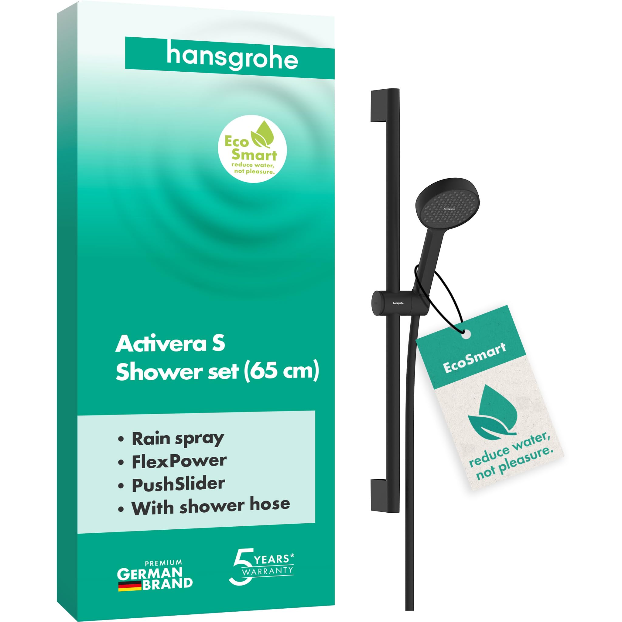 hansgrohe Activera S - Shower Set with Shower Head Water-Saving (EcoSmart, 2 Sprays), Shower Hose (1,60 m) and Shower bar (0,65 m), matt Black, 28041670