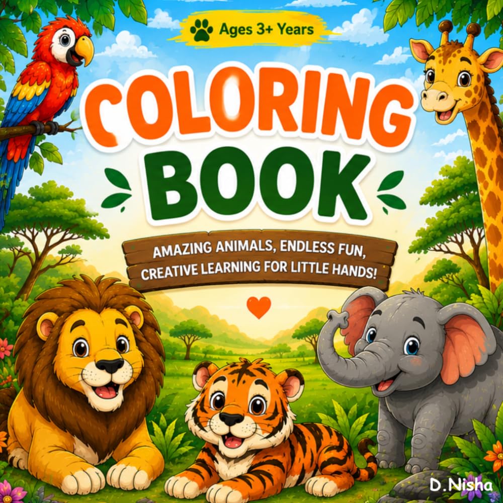 Coloring Book: Fun & Easy Jungle Animal Coloring Pages for Toddlers and Preschoolers