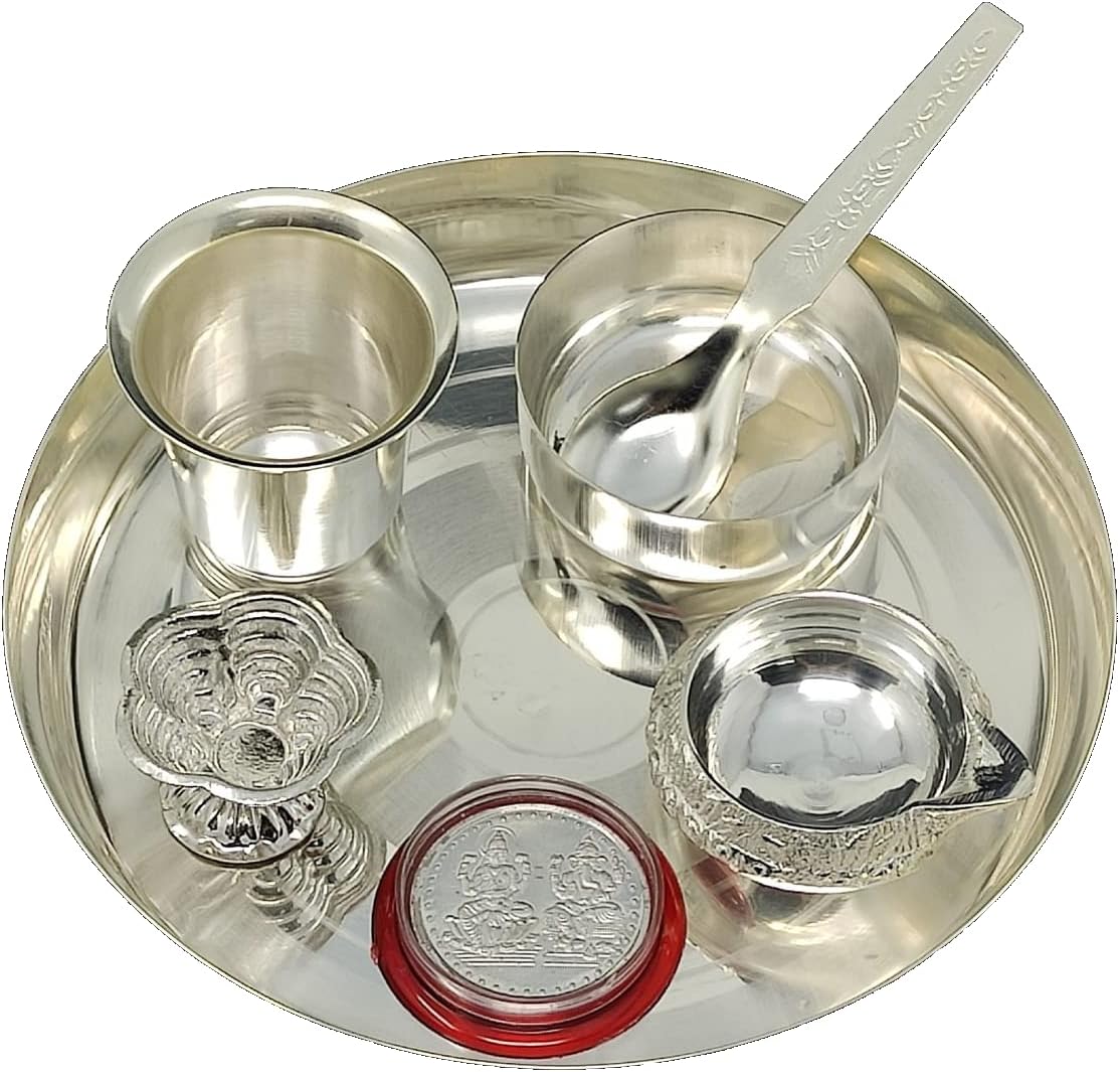 Silver Plated Pooja Thali Set 6 Inch Plate Ganesh Laxmi Coin Kumkum Stand Glass Bowl Spoon Kuber Diya Puja Decorative Items for Home Mandir Office Wedding Return Gift