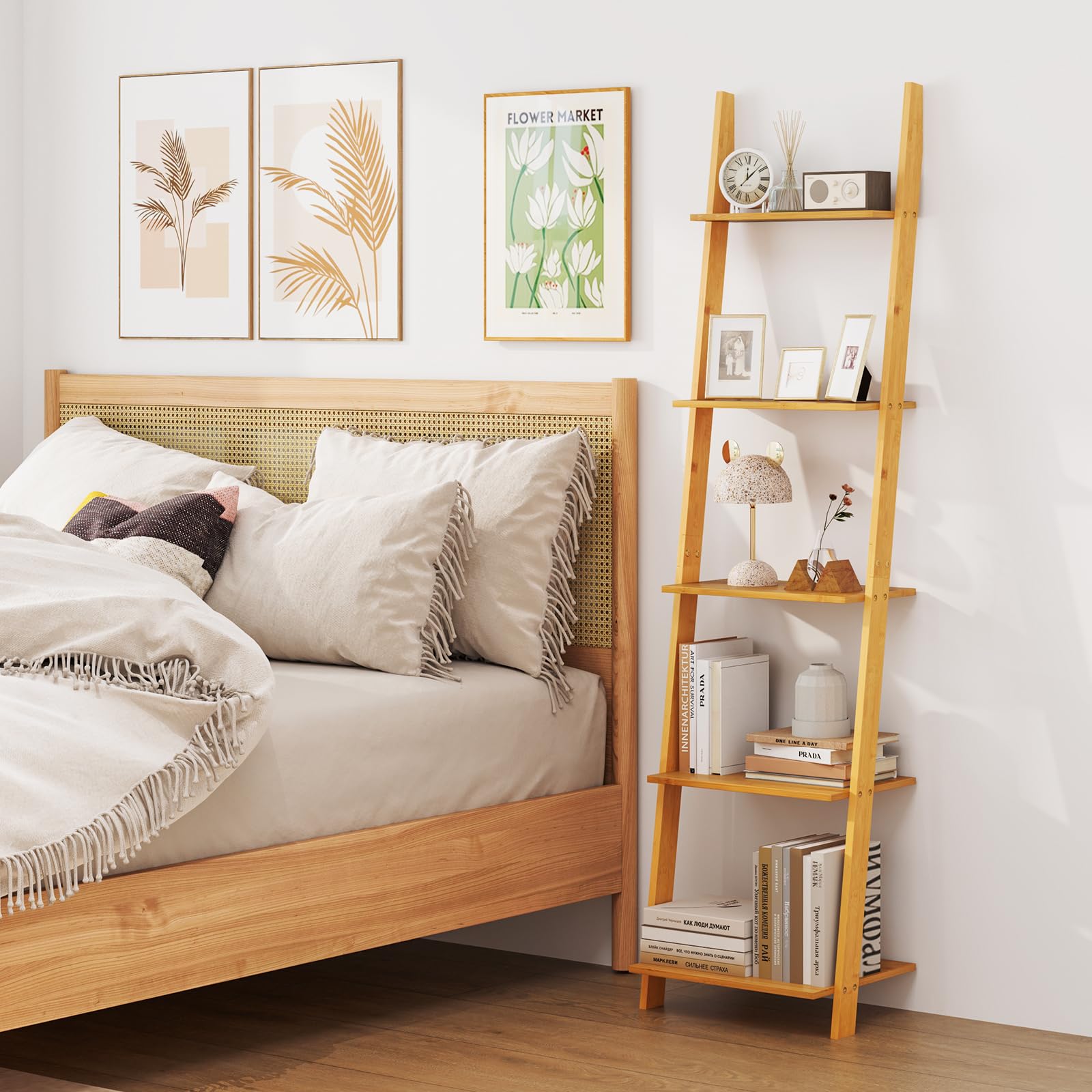 HOMASIS Leiterregal mit 5 Ebenen, Bücherregal aus Bambus, schmales Aufbewahrungsregal Standregal für Wohnzimmer, Schlafzimmer, Arbeitszimmer, 43 x 38,5 x 164 cm, Natur