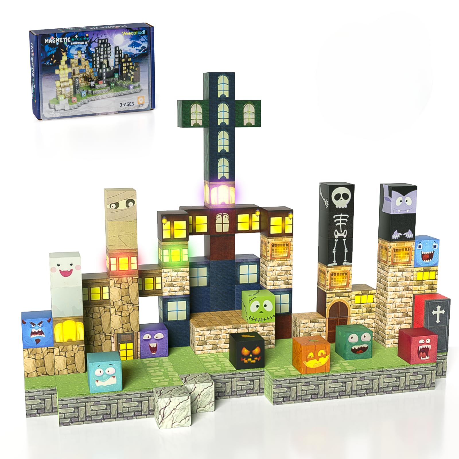 Magnetic Blocks -137PCS Lights Halloween Building Blocks,World Magnetic Tiles Kids Build Cubes 3+,STEM Toys for 3-5 4-8 5-7 Year Old Boys,Sensory Creative Activities Birthday Gift