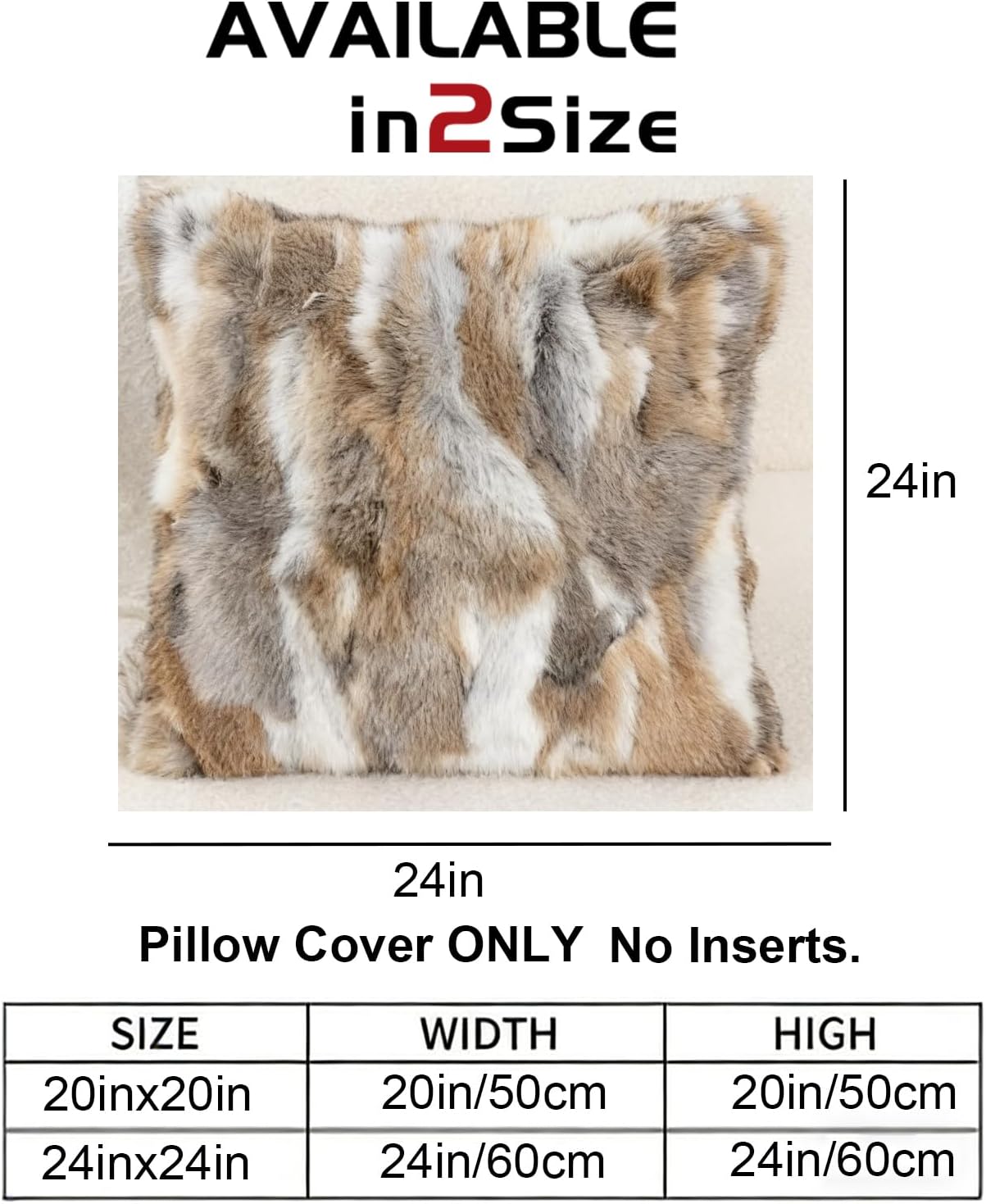 Rabbit Fur Throw Pillow Covers Neutral Decorative Pillowcase Soft Fluffy Plush Animal Skin 24"x24" Cushion Covers for Couch Sofa Bedroom Pillow Shell
