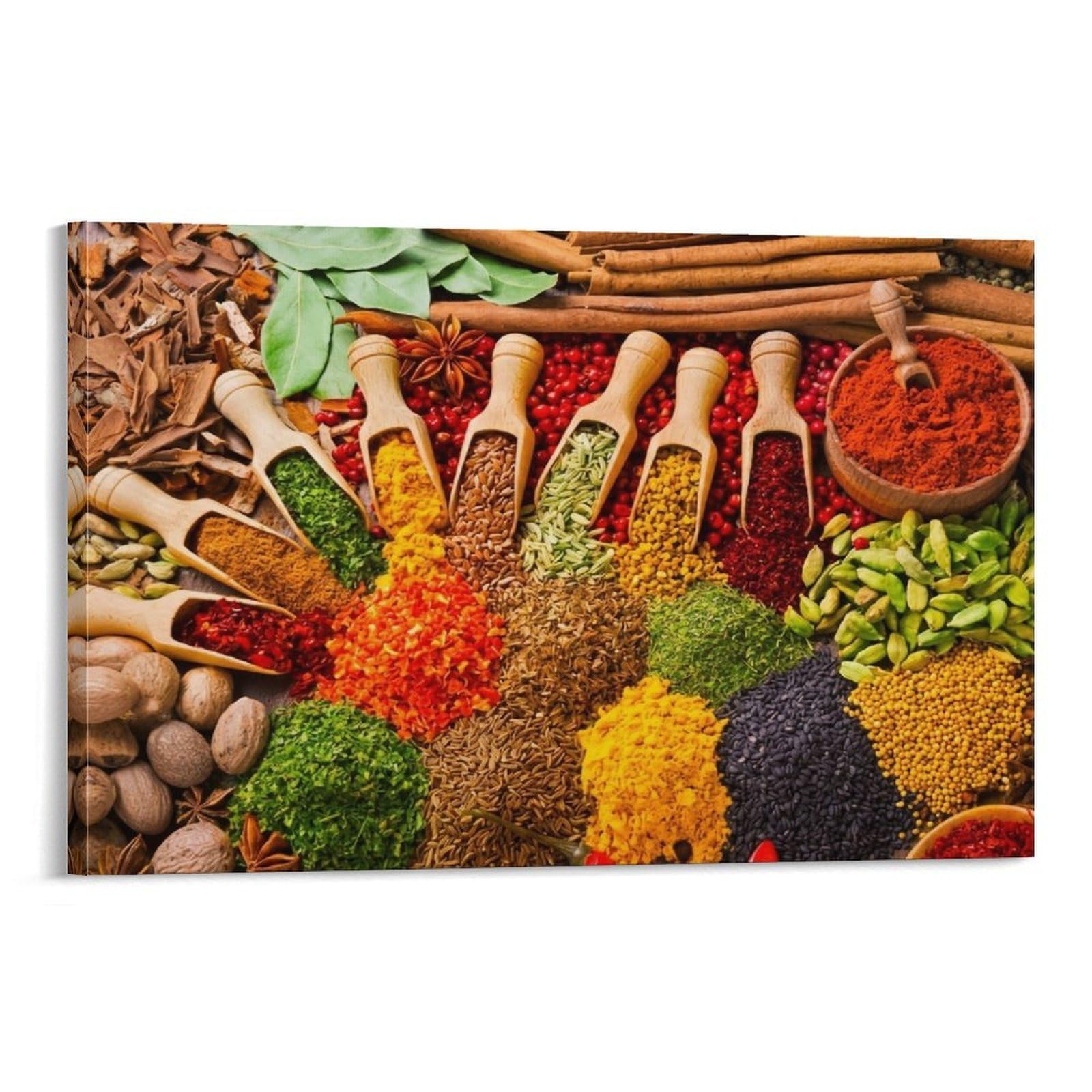 CPLVKWRQJ Spices Collection Single Piece Multicolored Spices Arranged with Wooden Scoops Canvas Wall Hanging - Nursery Space Saving Removable Ready to Hang Decor 20x30inch(50x75cm)