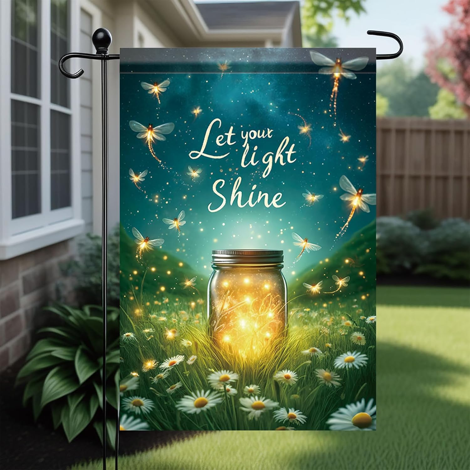 Spring Summer Garden Flags For Outside 12x18 Double Sided Glowing Firefly Mason Jar Rustic Daisy Floral Let Your Light Shine Welcome Yard Decor Outdoor Country Patio Lawn Banner Ornament