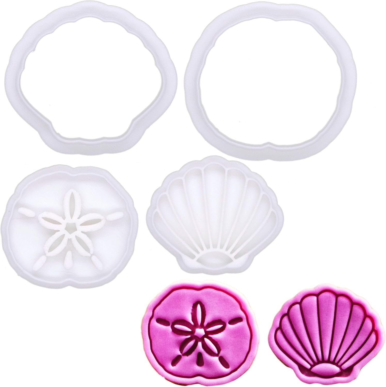 BAKERLOGY Mini Sand Dollar and Seashell Cookie Cutter and Stamp Set (2") – Coastal Finds Ocean-Themed Embosser for Beach Cupcakes, Summer Cookies, and Seaside Party Cakes