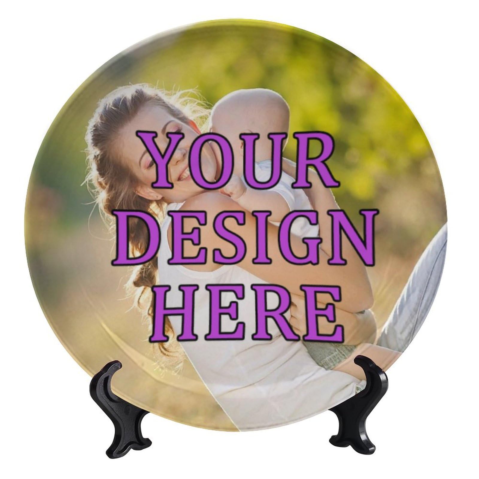 Bictucem Personalization Decorative Plate Holder, 6inch, Custom Photo Text Round Display Plate, Hanging Decorative Plate with Display Stand, Ceramic Craft for Wall Hanging Decorative