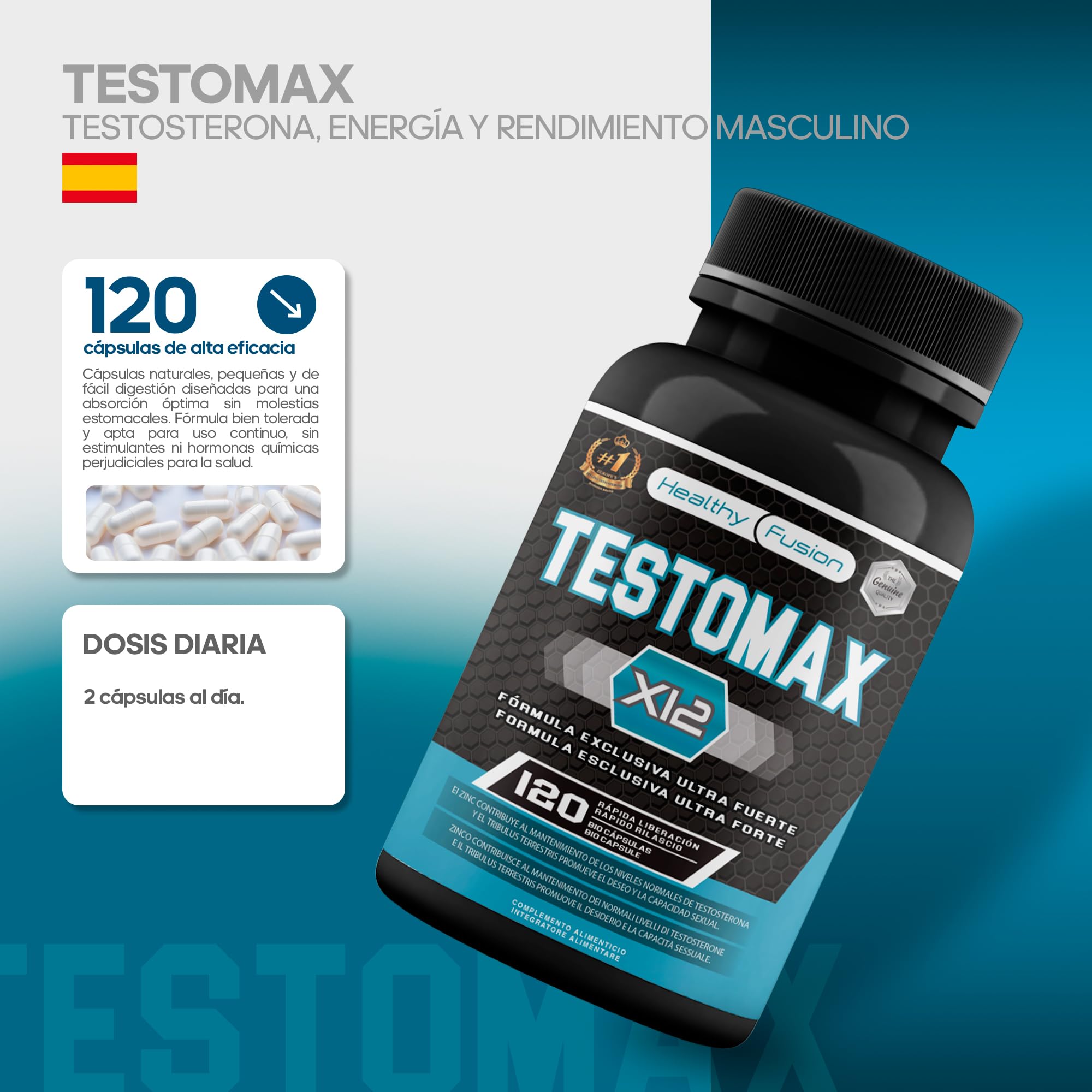 Healthy Fusion TestoMax | Booster de Testosterona Energizante | Maca, Ginseng, Tribulus, Taurina y Vitaminas | Aumenta la masa muscular | Acción quemagrasas y vigorizante | 120u