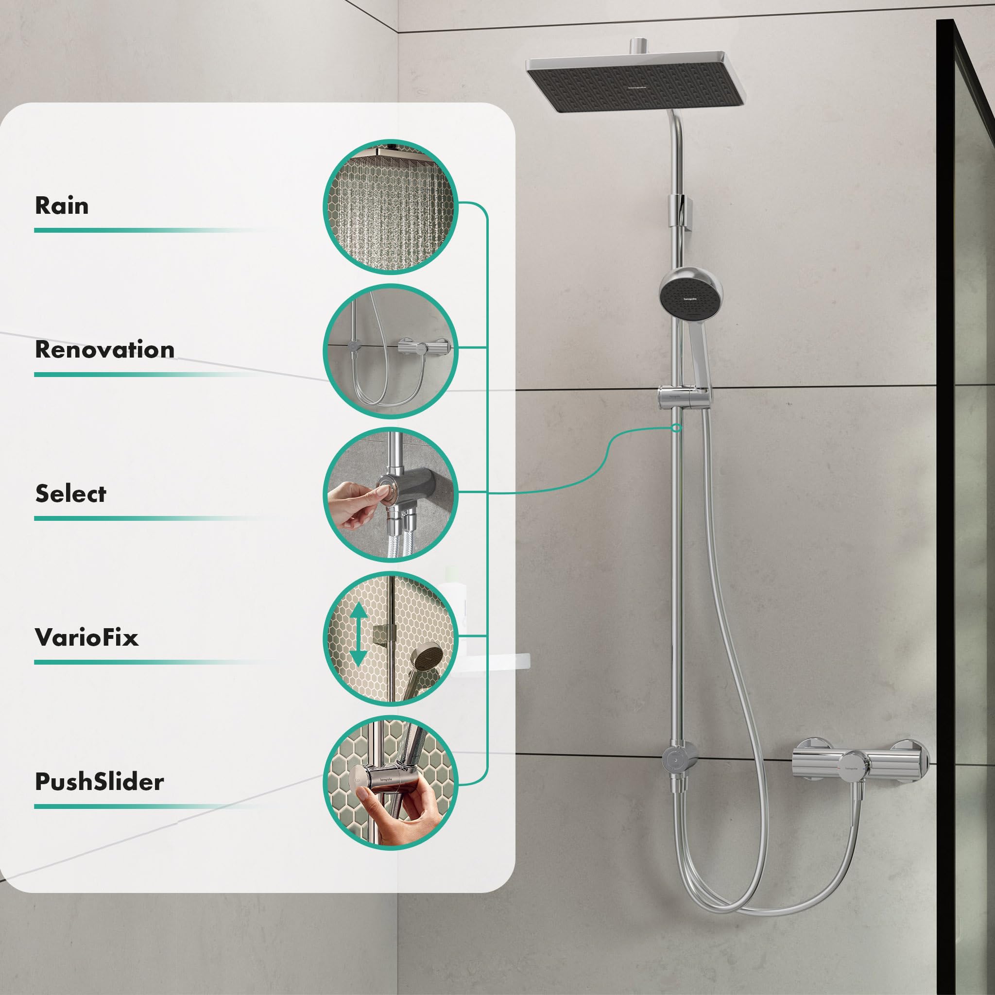hansgrohe Activera Q - Zestaw prysznicowy oszczędzający wodę (EcoSmart) bez armatury, Deszczownica (290 x 180 mm), Główką prysznicowa, Wąż i Szyna, Chrom, 28757000