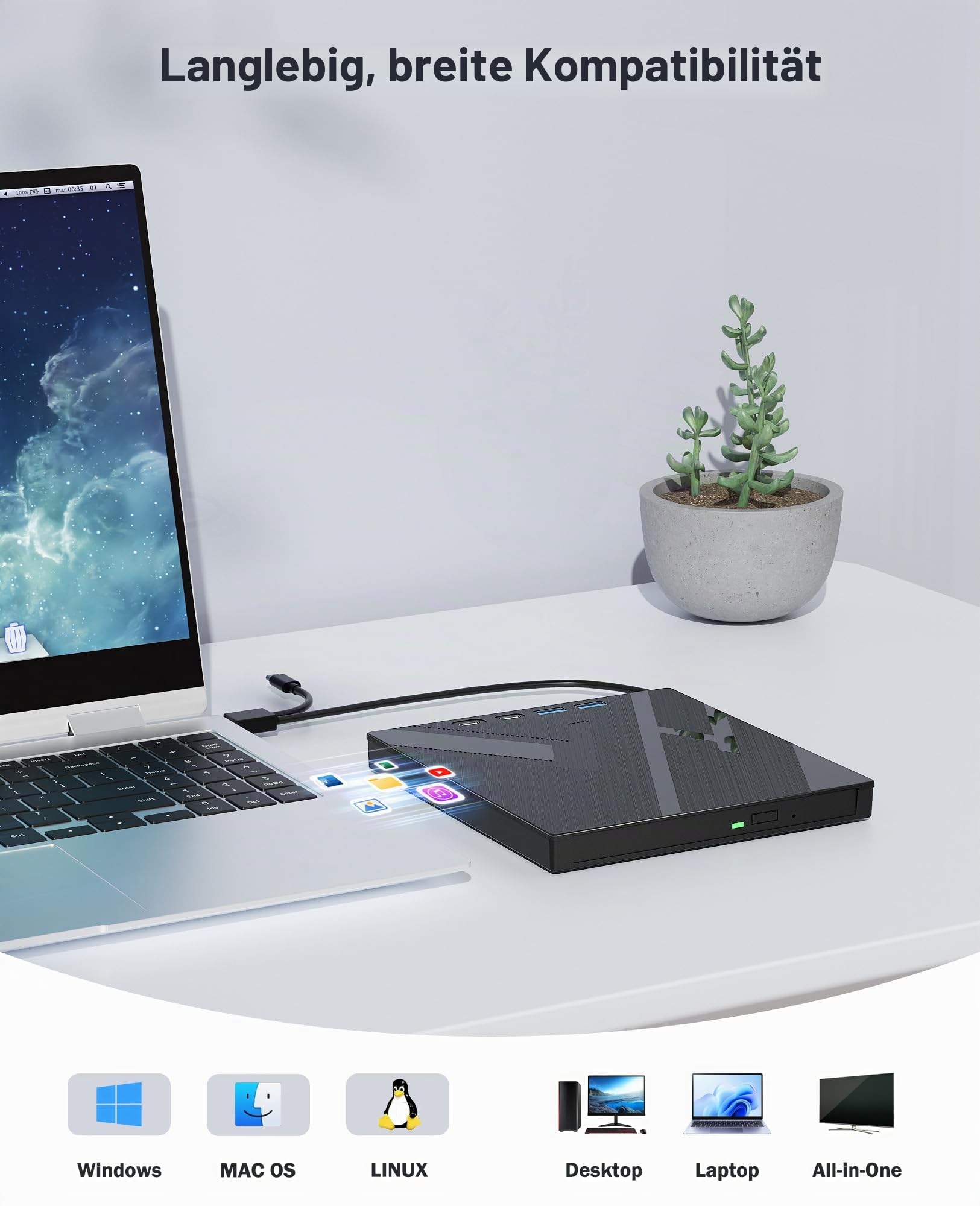 7-in-1 Externes Blu-ray-Laufwerk, USB 3.0 Typ-C Optischer externer Bluray/DVD-Laufwerk Brenner mit SD/TF-Anschluss, unterstützt 100G Disc R/W für PC, kompatibel mit Windows XP/7/8/10/11, Mac, Laptop,