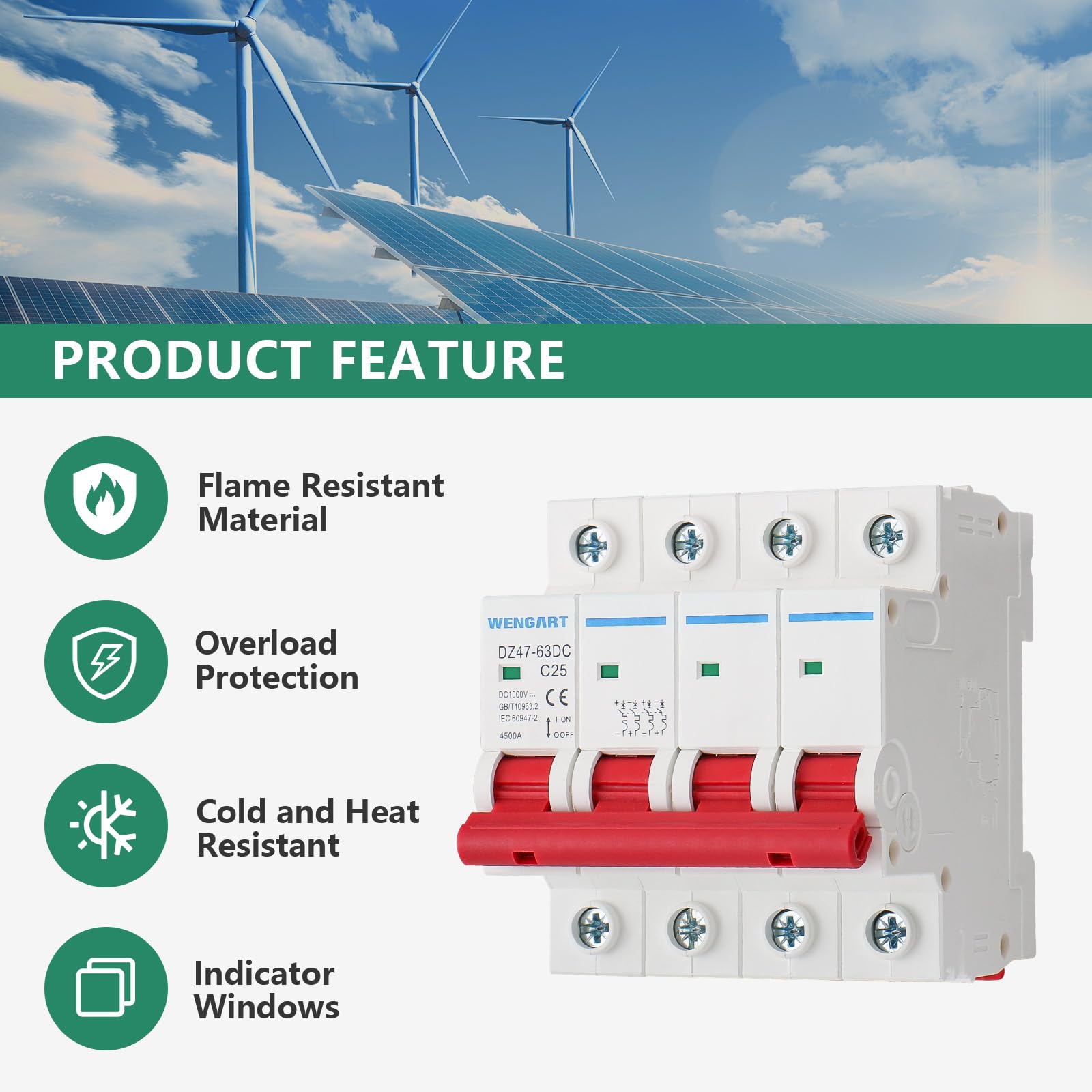 Wengart Interruttore Magnetotermico DC 4 Poli, 1000V 25A, Sezionatore Fotovoltaico per Alta Tensione, Protezione Stringa Solare e Batterie, Interruttore Automatico Professionale per Impianti Off-Grid