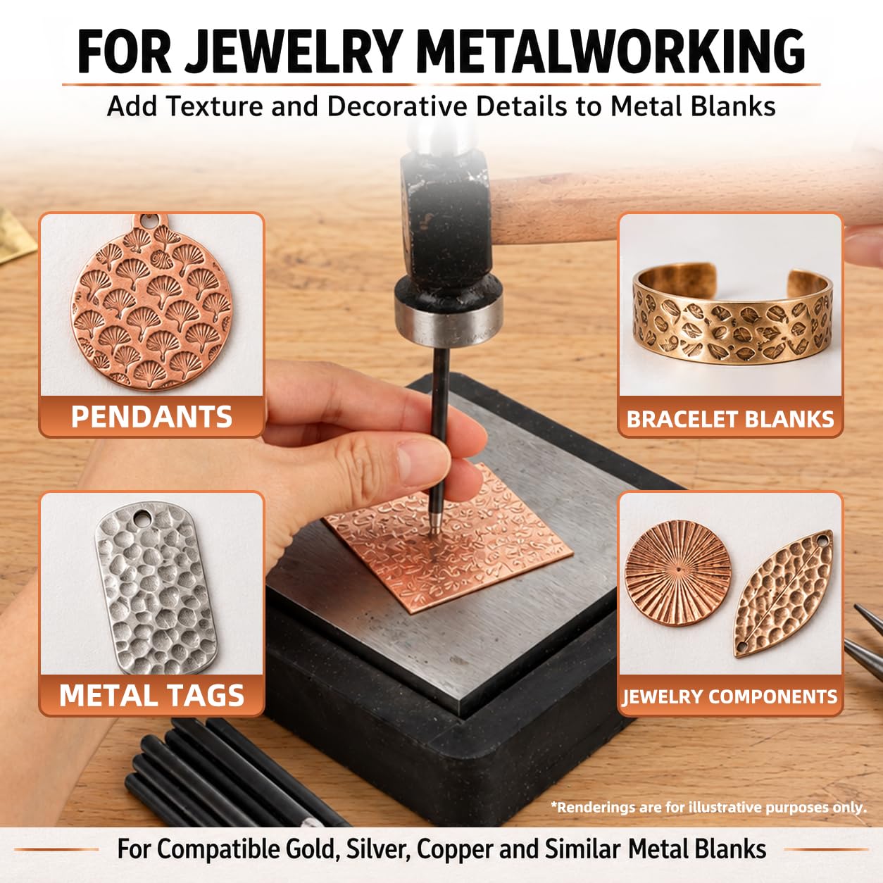 Jewelry Chasing Punches with Steel Bench Block, Rubber Base and Hammer