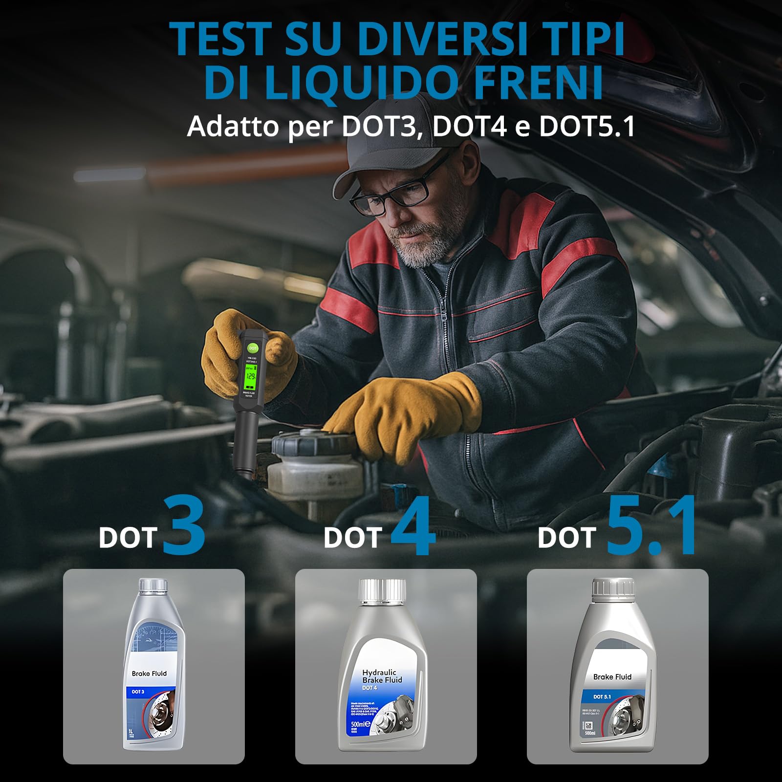 AUTOUTLET Tester per Liquido dei Freni con Allarme Acustico e Display LCD,Sonda ad Alta Sensibilità,per DOT 3 DOT 4 DOT 5.1,Strumento di Diagnosi per Liquido Freni
