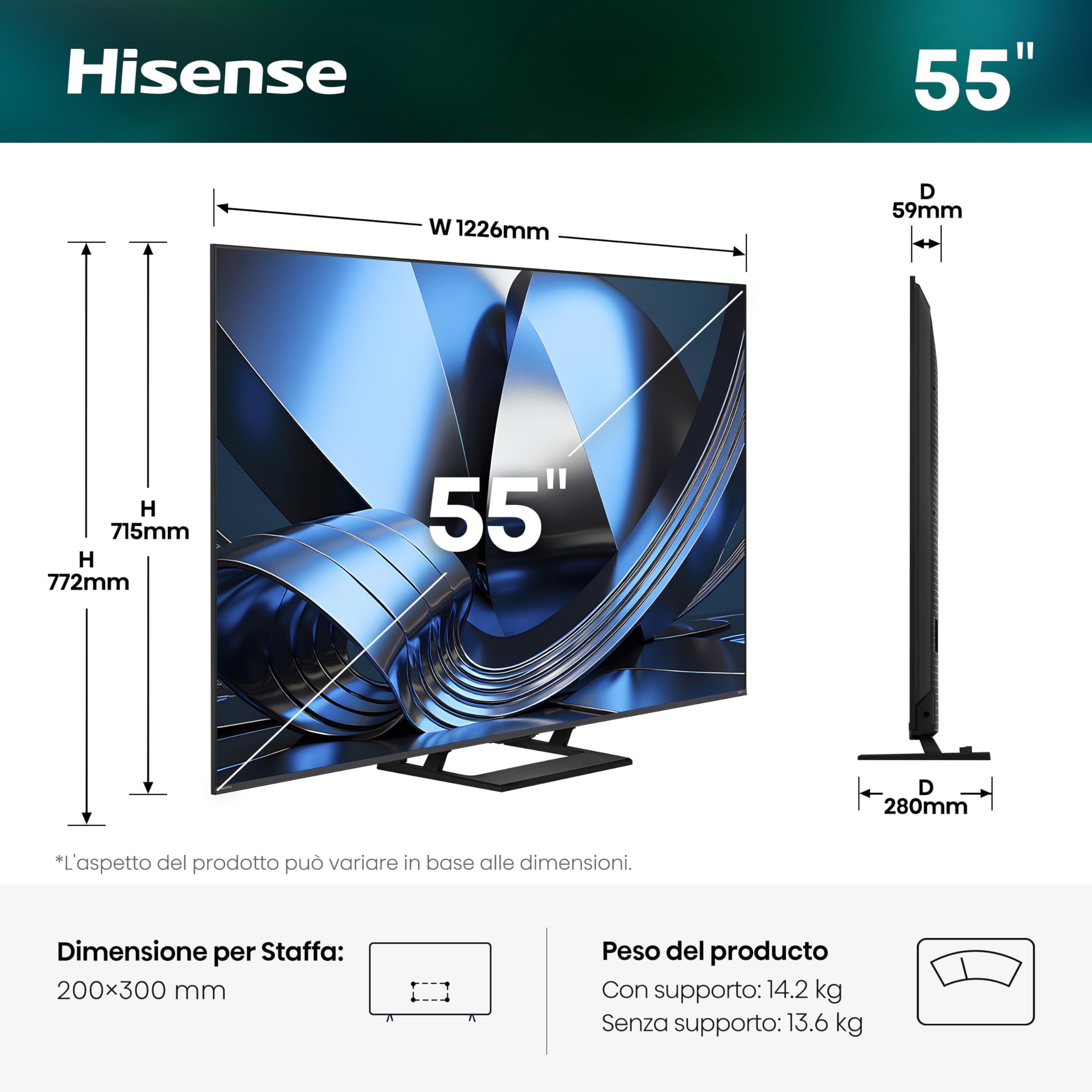 Hisense Smart TV MiniLED 55" 4K TV 55U7SE | Dolby Atmos 2.1 By Devialet, Dolby Vision IQ, HDR10+, VIDAA OS, Alexa, lativù 4K, Wifi, BT, Airplay2, 2026 Model