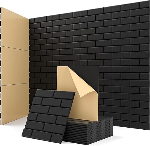 Acoustic Panels Self-adhesive, 12 Pcs Brick Sound Absorbing Panels, Recording Studio, Bedroom, Gaming Room, Living Room, Decorative Acoustic Tiles for Walls, Doors 11.8" X 11.8" X 0.4" Black - Brick 12 Pack - Black