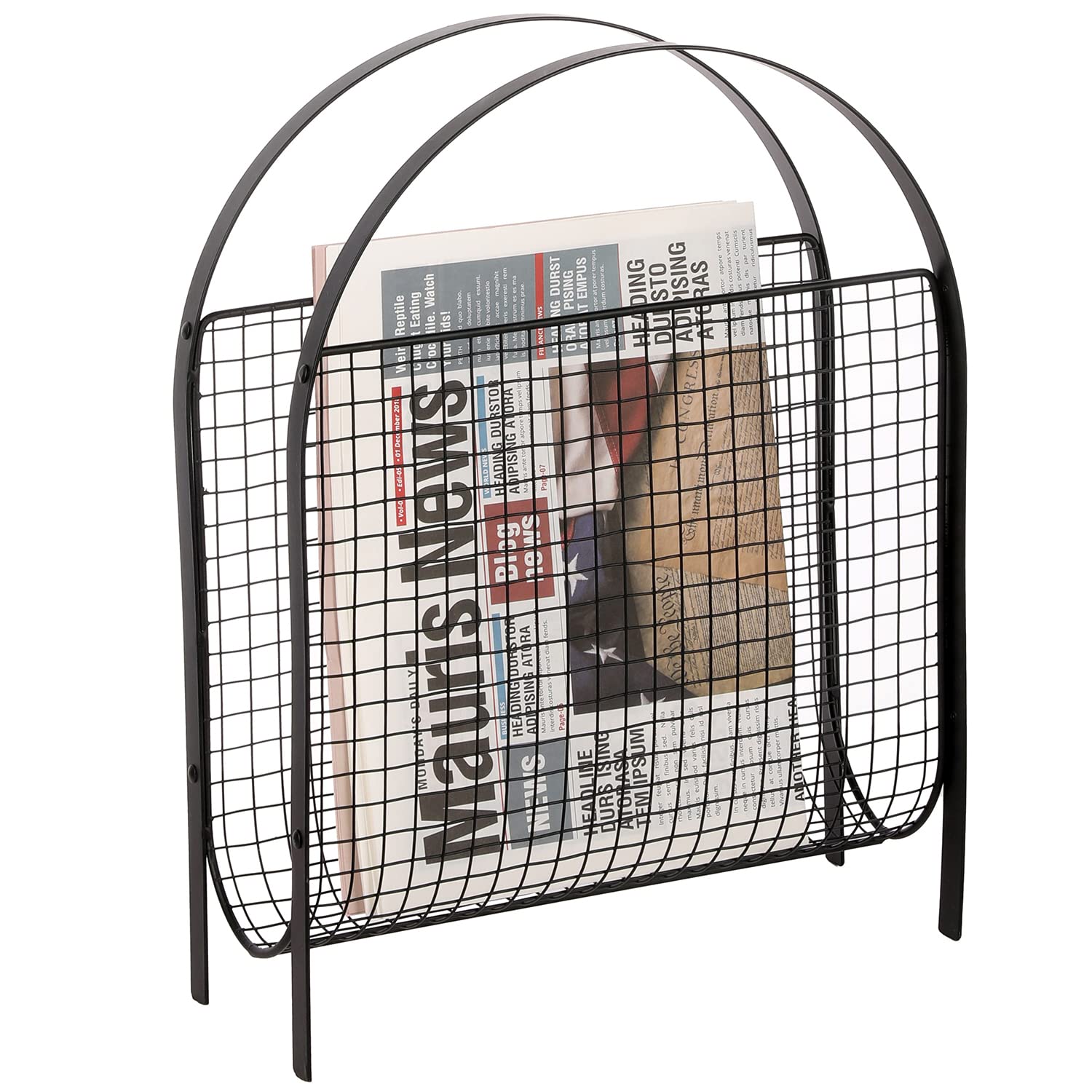 MyGift Mid-Century Design Magazine Rack, Matte Black Tone Metal Mesh Freestanding Magazine Organizer Holder Sling