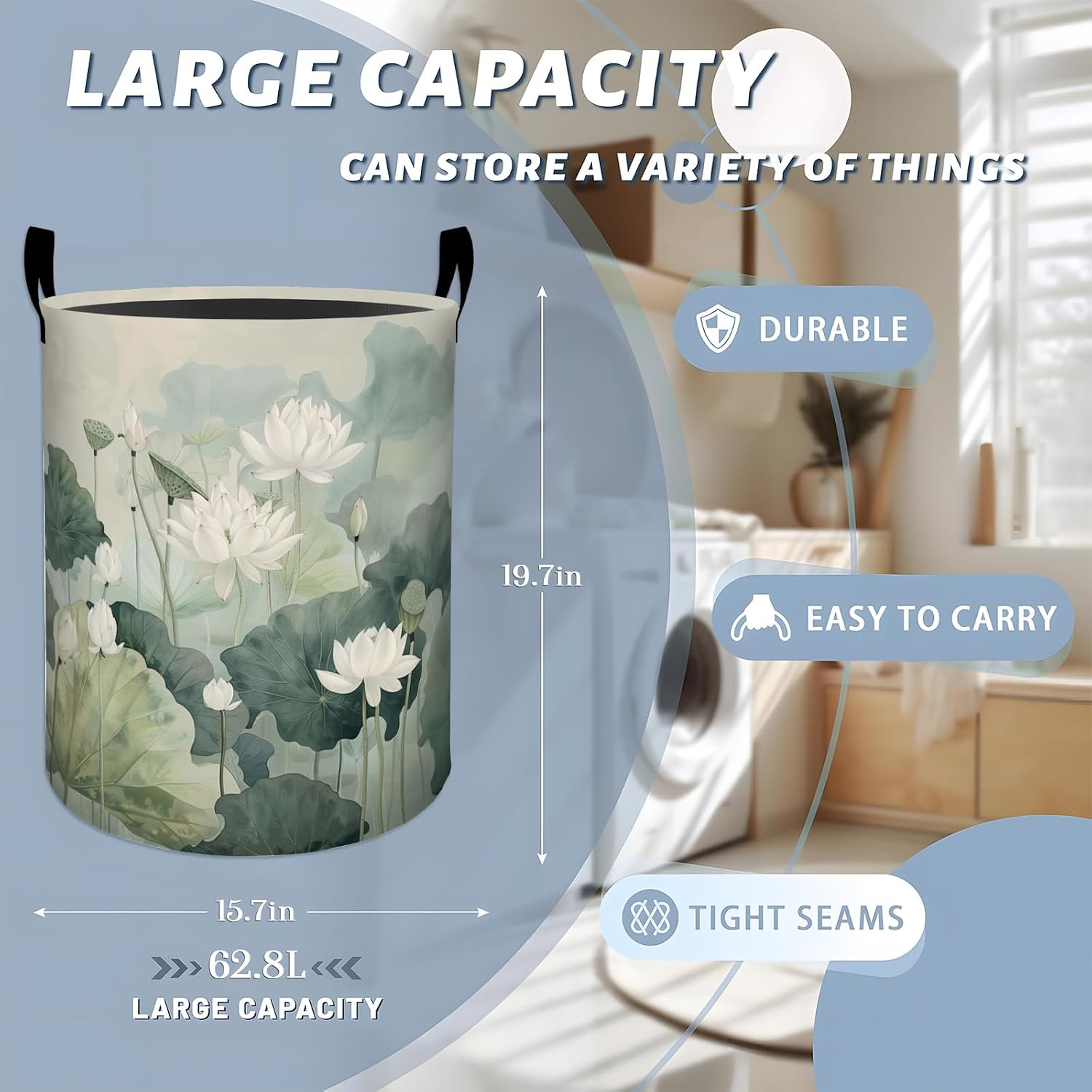 Elegant White Lotus Green Leaves Laundry Basket with Handles, 19.7"x15.7" Clothes Foldable Laundry Hamper Organizer for Dorm Nursery Bedroom Bathroom Decor, Toy Storage Bin for Kids