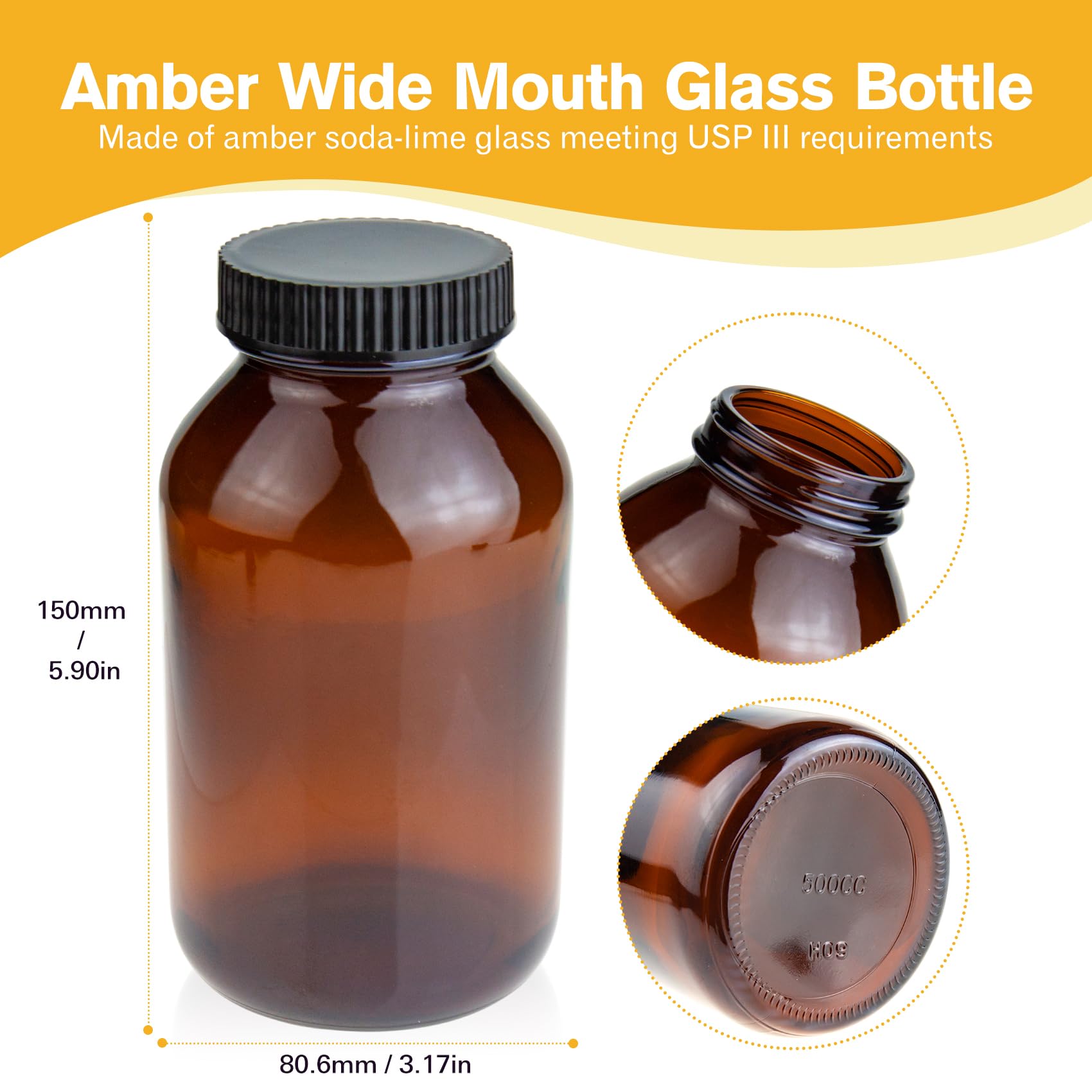 ALWSCI Botellas de boca ancha de vidrio ámbar de 17 onzas, 500 ml, con 53-400 tapas de rosca acanaladas negras, 12 unidades