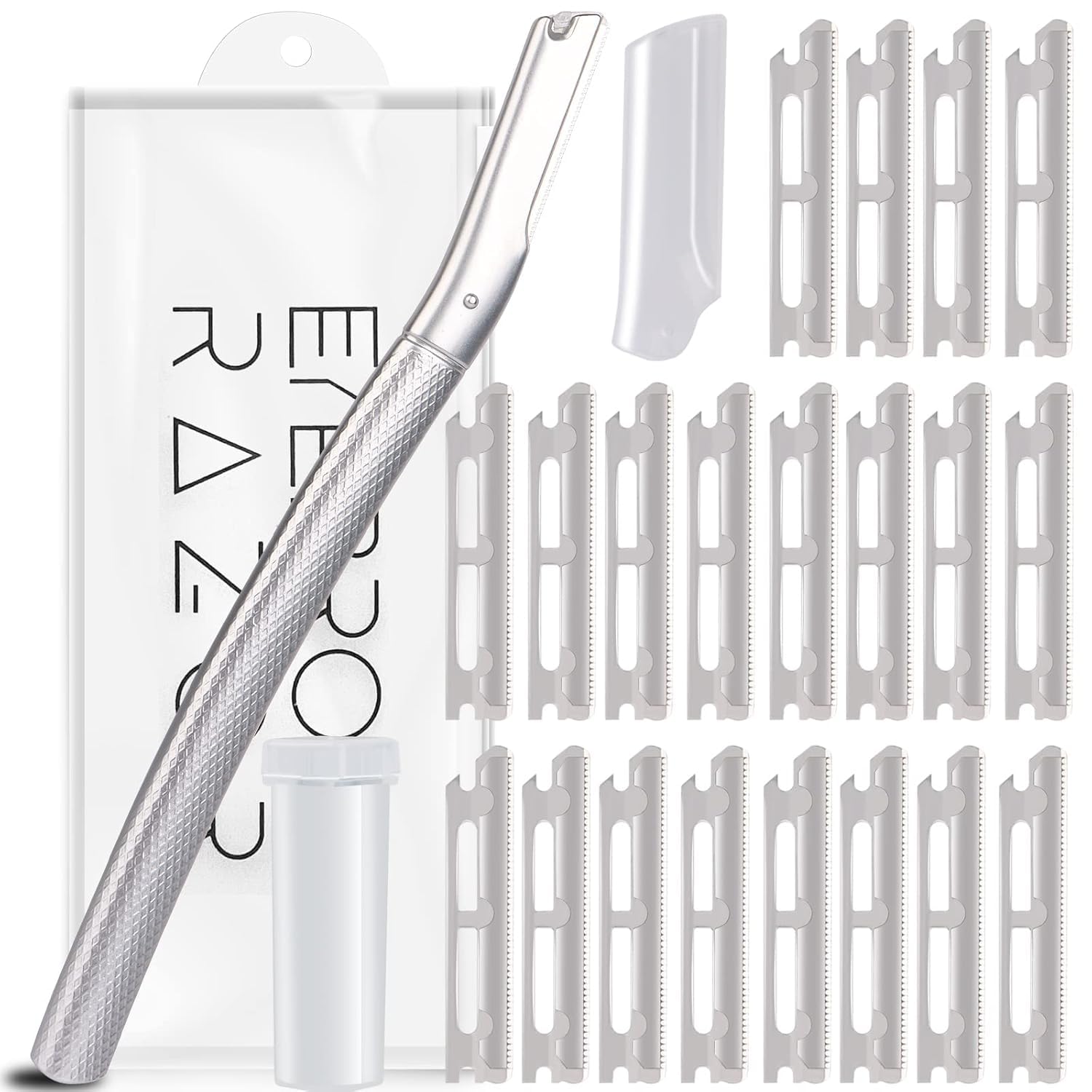 Dermaplaning Tool with 20 Replaceable Blades, Face Exfoliation Razor, Peach Fuzz Removal, Eyebrow Shaper (Silver)