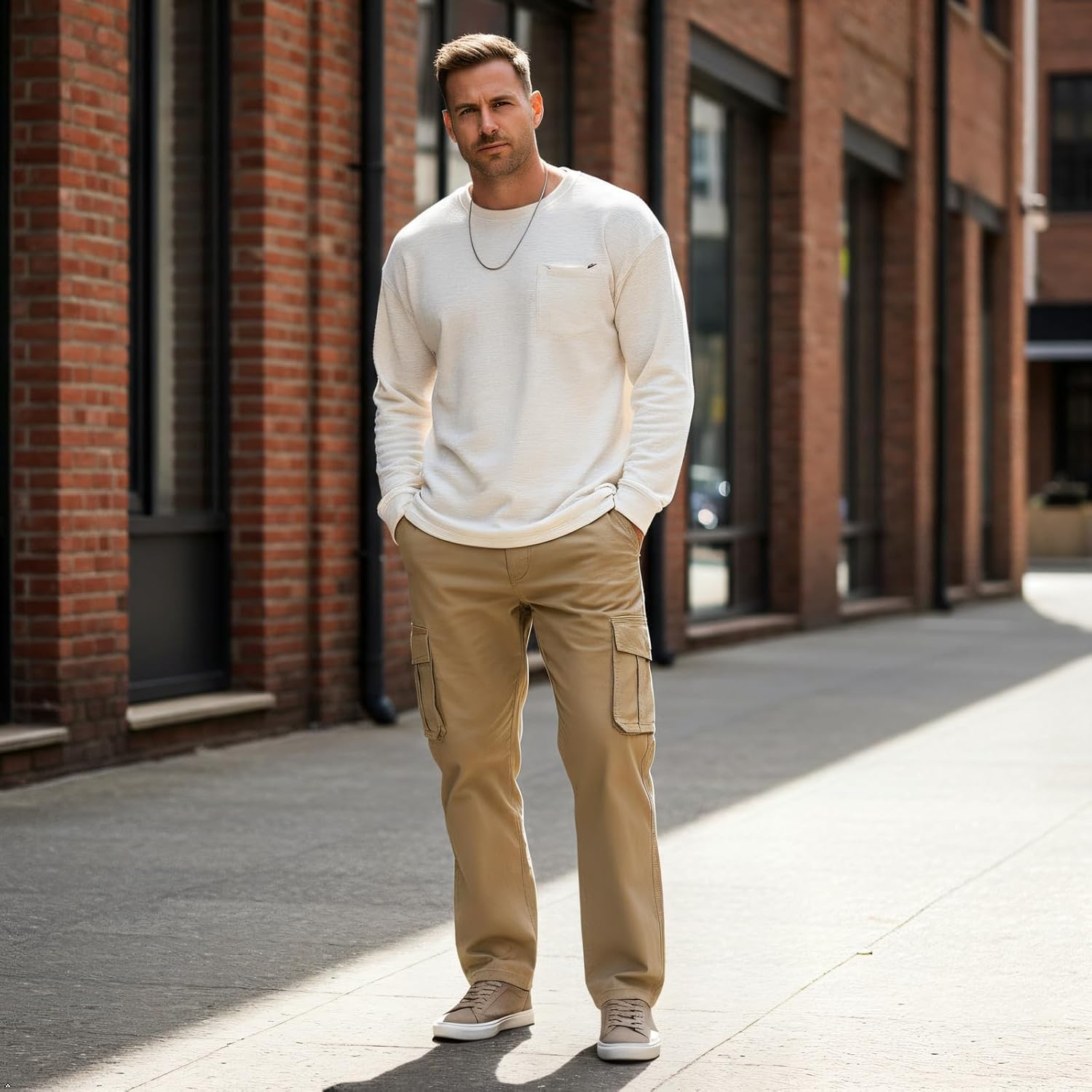 Men's Lightweight Pull on Casual Pants Cotton Full Elastic Waist Cargo Work Chef Lounge Pant Khaki 36 - Image 3