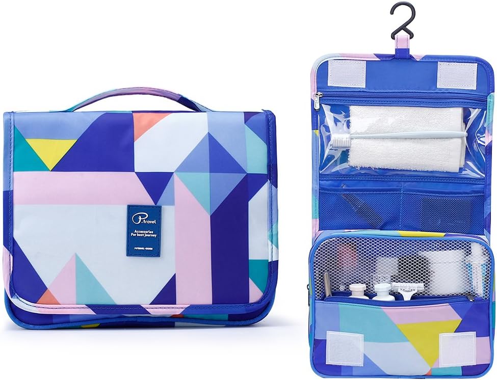 Travel Toiletry Bag, Acoki Geometric Patterns Foldable Hanging Travel Wash Bag with Hook Cosmetic Organizer Bags for Women Makeup or Men Shaving Kit