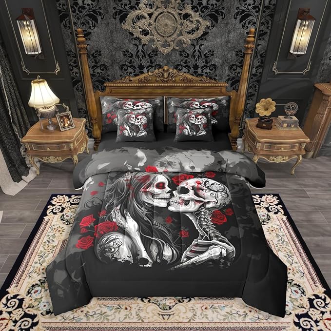Erosebridal Gothic Skull Couple King Comforter Set with Sheets 7 Piece Red Rose Skeleton Bones Bed in A Bag Sugar Skull Bedding Sets for Kids Adults,Goth Halloween Bed Set